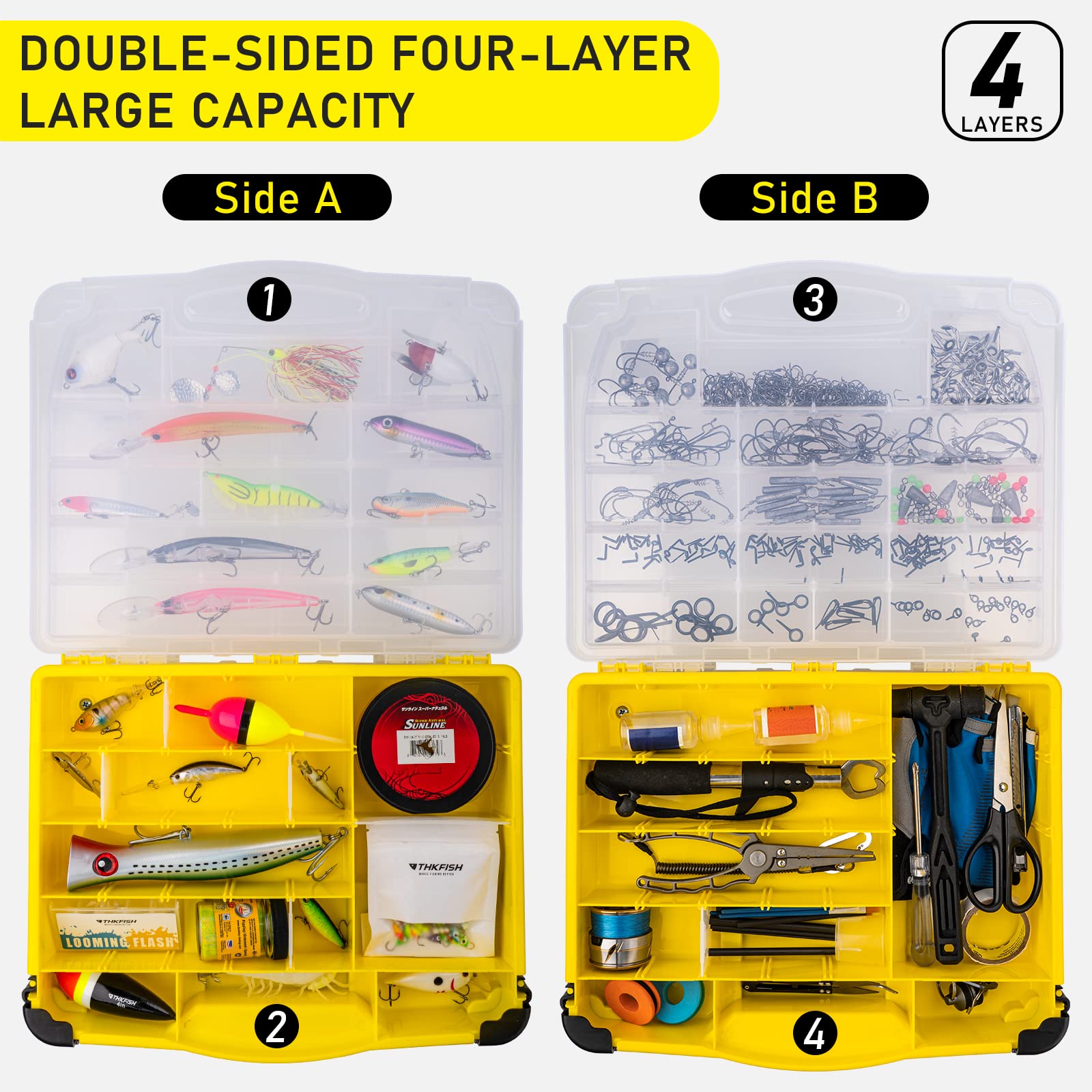 THKFISH Caja de aparejos grandes organizadores y almacenador, caja de aparejos de doble cara, sistema de aparejos desmontable de 4 capas para accesorios de pesca