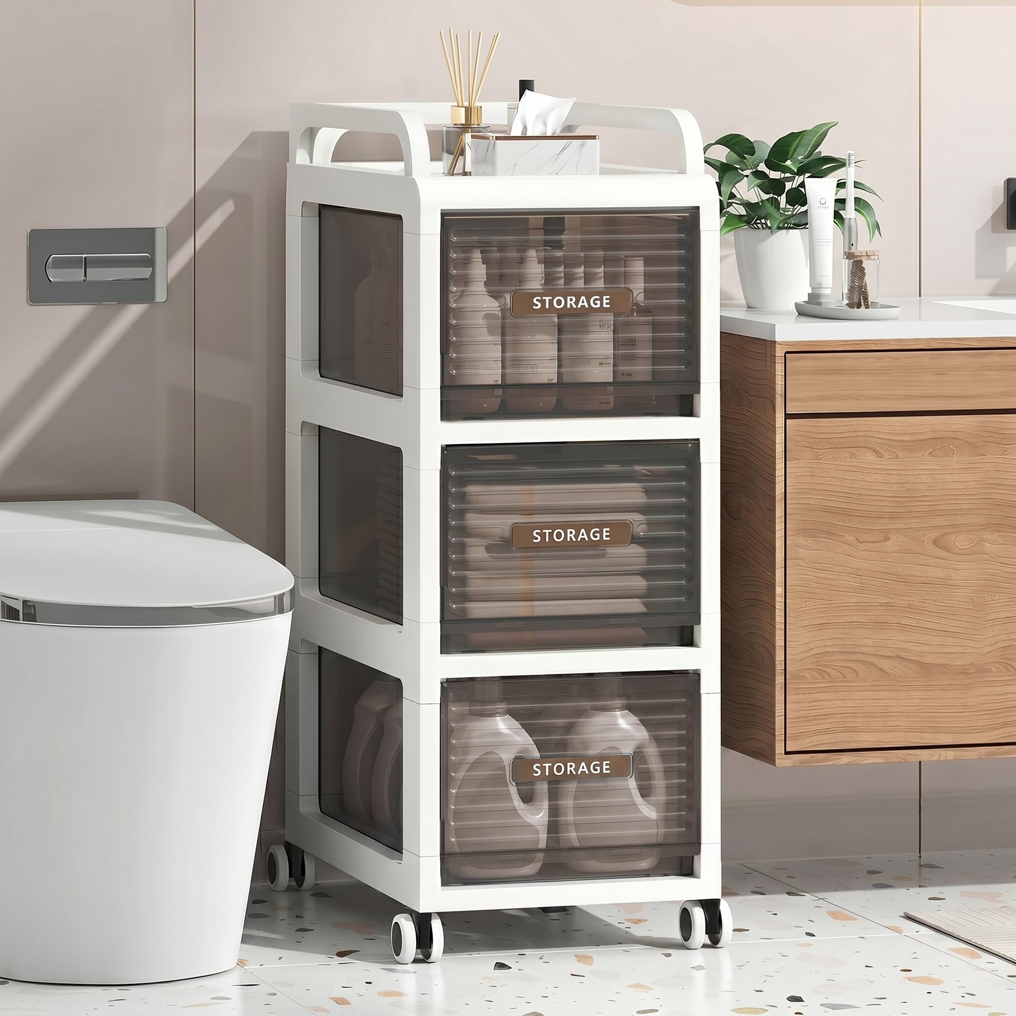 badezimmerschrank auf Rollen, 30cm badschrank schmal mit 3 Schubladen | Schubladenschrank, bathroom cabinet Für Küche, Büro, Schlafzimmer unter dem Schreibtisch, 66 cm hoch (30x41x75 cm)