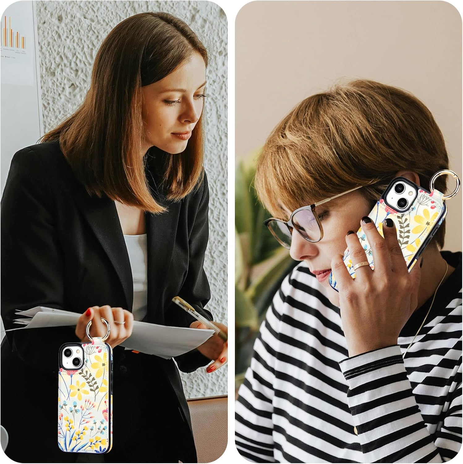 HAOPINSH for iPhone 13 iPhone 14 Wallet Case with Card Holder, Floral Flower Print Back Flip Folio PU Leather Kickstand Card Slots Case, Finger Grip Ring Double Magnetic Clasp Shockproof 6.1"