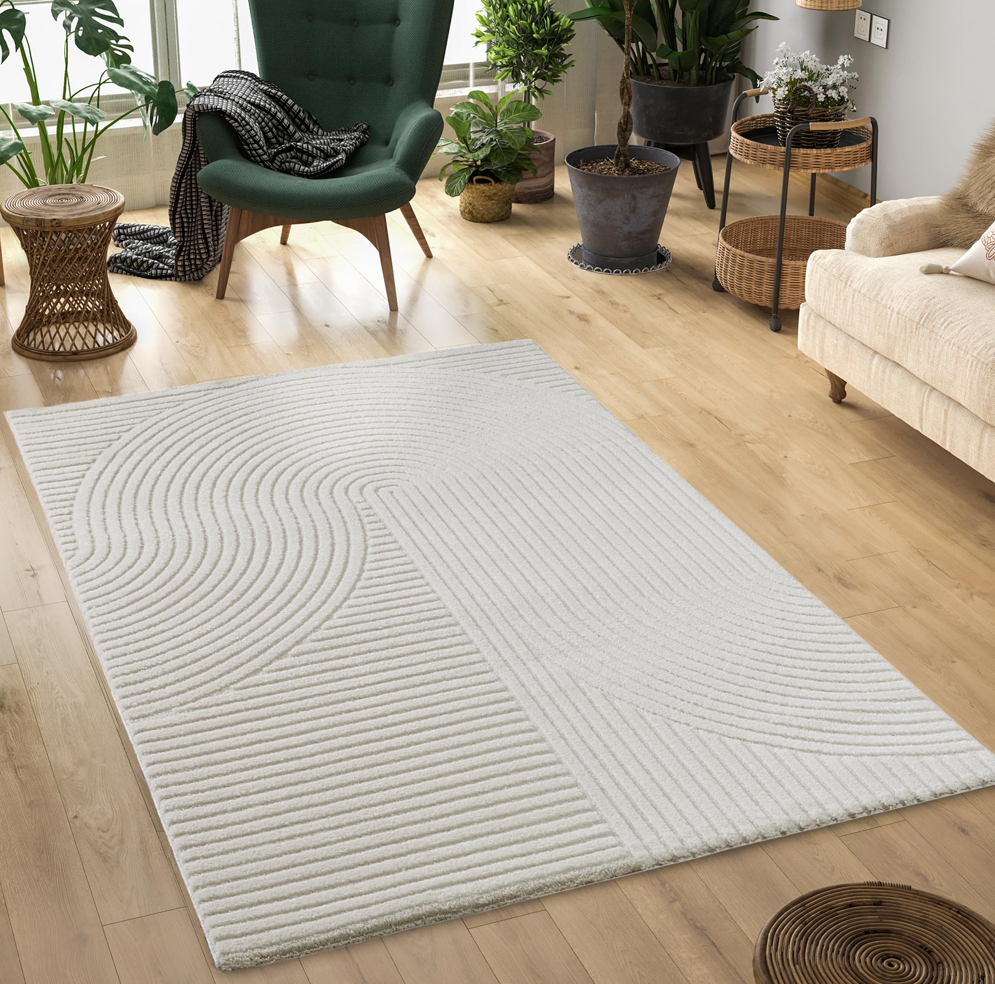 Mia's Rugs Theo - Modern High Low Impact Short Pile 3D Effect High Pile Soft Panglao Design Cream, 80x300cm - 80 x 300 cm