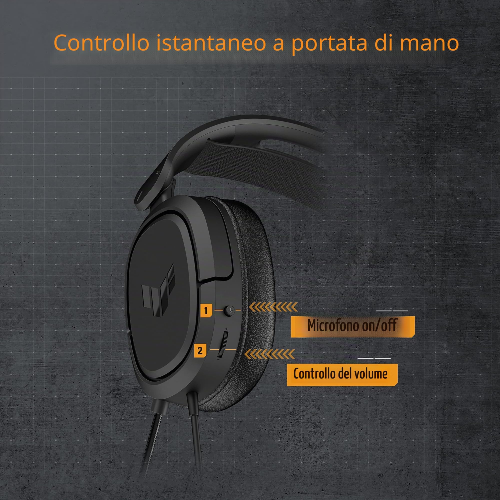 ASUS TUF Gaming H1 Cuffie cablate | Microfono certificato Discord, suono surround 7.1, driver da 40 mm, 3,5 mm, leggero, per PC, Switch, PS4, PS5, Xbox One, Xbox Series X | S e dispositivi mobili