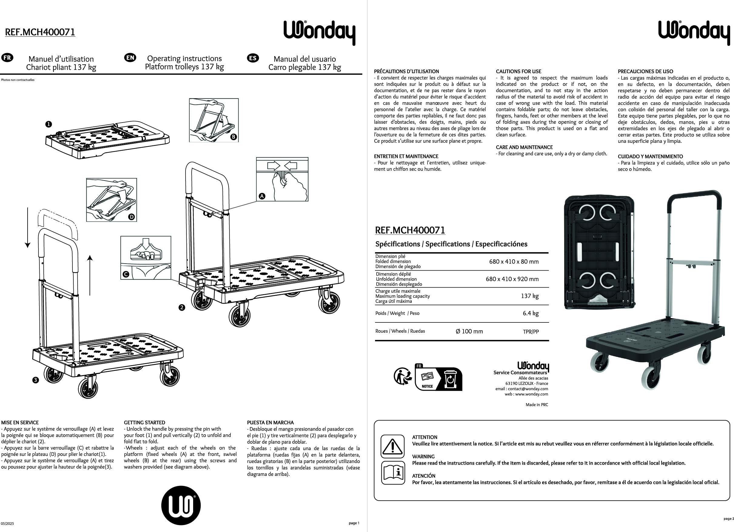 WONDAY Chariot Wonday Pliable, Plateforme Plastique et Armature métal