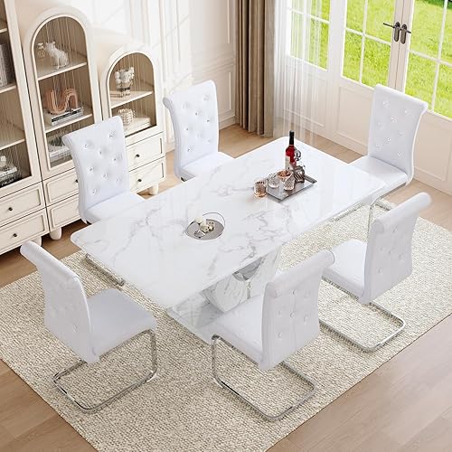 Miniatura 2 de Juego de mesa de comedor de mármol sintético para 6.71 pulgadas, juego de mesa de comedor moderno para 6 personas con mesa de vidrio y pedestal en 6