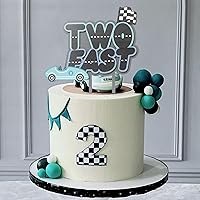 Vista 4 de Decoración para pastel de segundo cumpleaños de auto de carreras, decoración de fiesta temática rápida, decoración de pastel de madera azul y gris