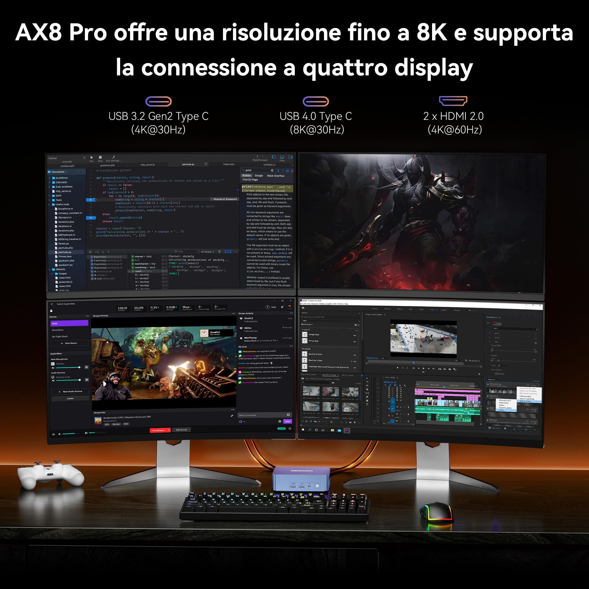 GEEKOM AX8 Pro AI Mini PC, AMD Ryzen 9 8945HS (8 núcleos, hasta 5.1 GHz), Mini Desktop Computer 32 GB DDR5, 2TB SSD, Windows 11 Pro, Radeon 780M, Wi-Fi 6E, BT5.2, 8K, IA