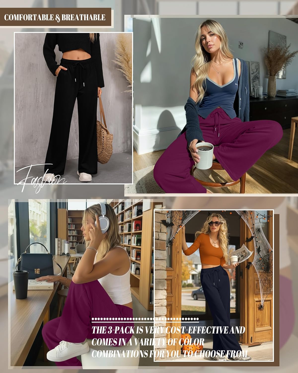 Riyiper 3 Pack Women Wide Leg Sweatpants Drawstring Straight Pants Elastic Waist Joggers Open Bottom Sweatpants with Pockets - Image 5