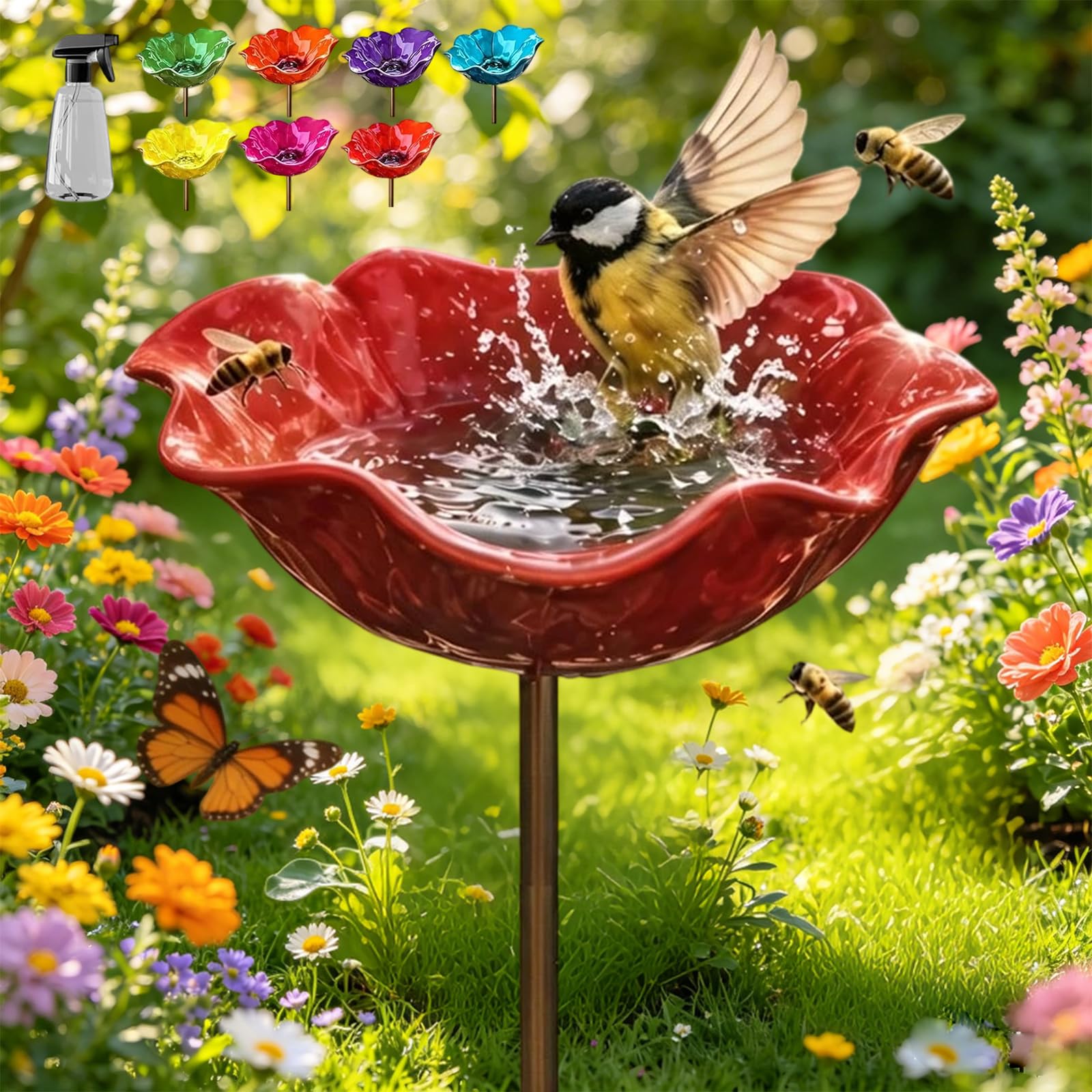 Handmade Metal Flower Garden Stake, Weather-Resistant Metal Flower Stakes with Bird Feeder & Bee Watering Station, Bird Bath Feeder for Outdoor Yard Lawn Patio Decoration (Red)
