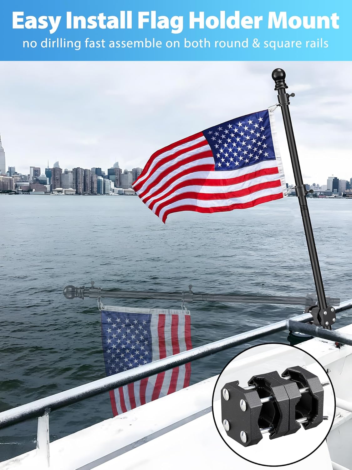 Boat Flag Pole, Pontoon Boat Accessories Flag Pole Kit, Flag Pole with 12”x18” American Flag, Adjustable Holder Mount, Tangle Free Rings, Metal Black Marine Flags Pole Fit 0.5”-1.1” Yacht Rails - Image 6