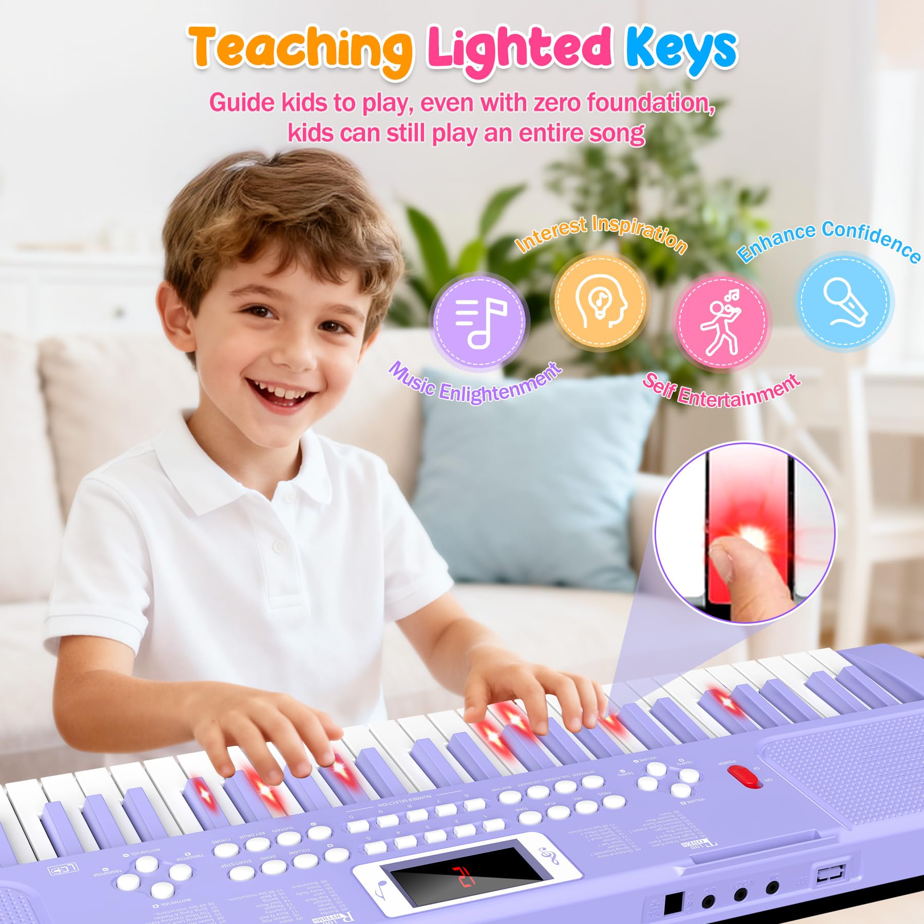 Piano Keyboard, 61 Key Upgrade Kids Pianos Music Toy with Light-up Keys & Pro Teaching Modes, Dual Speaker, 70 Demos,100 Tones, 100 Rhythms Perfect Christmas/Birthday Gift for Kids (Purple)