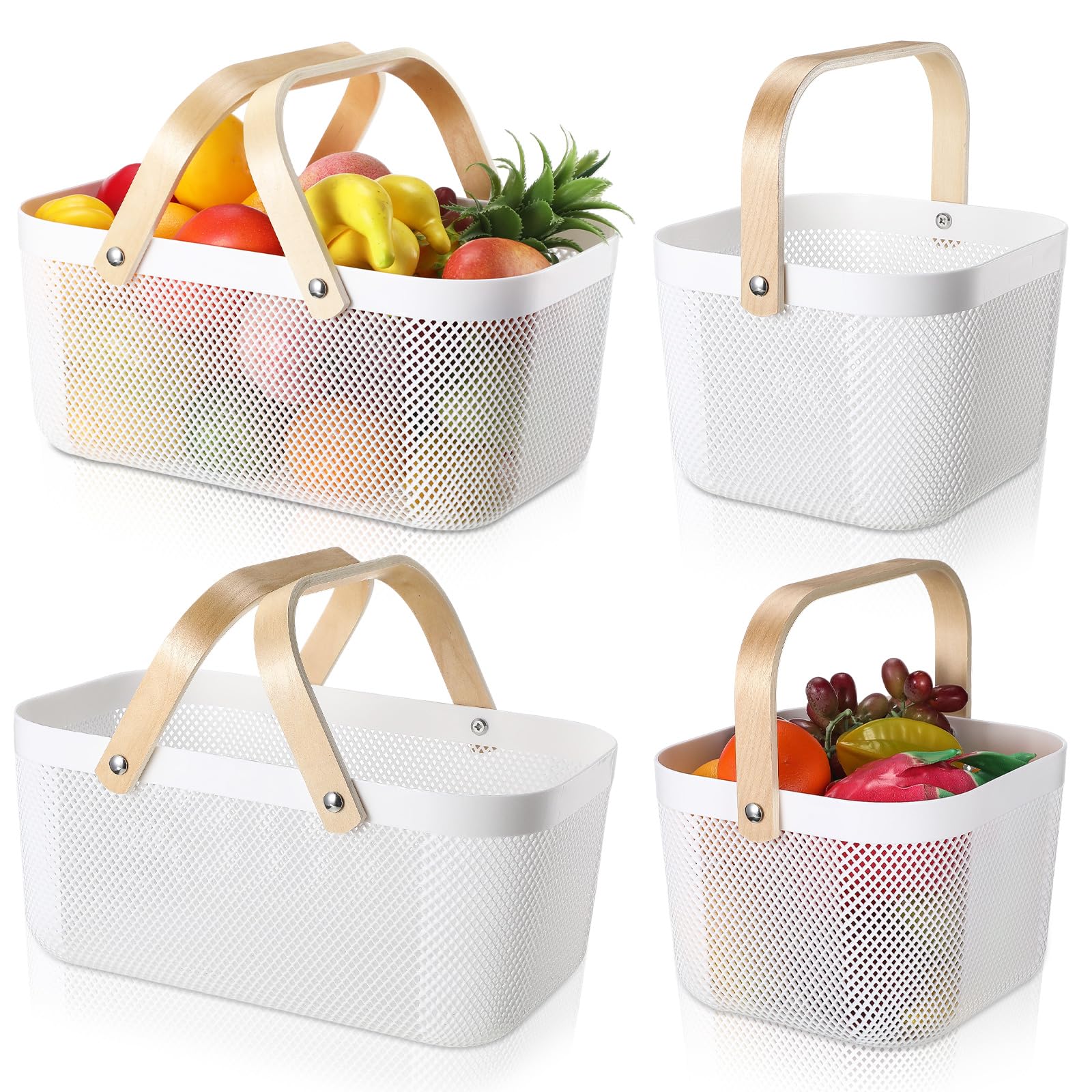 4 Pcs Plastic Mesh Garden Harvest Basket Storage Mesh Basket with Wooden Handle Multi Functional Mesh Basket for Kitchen Cabinet Picnic Fruit Vegetable Gathering Organizer (White,Large, Small)