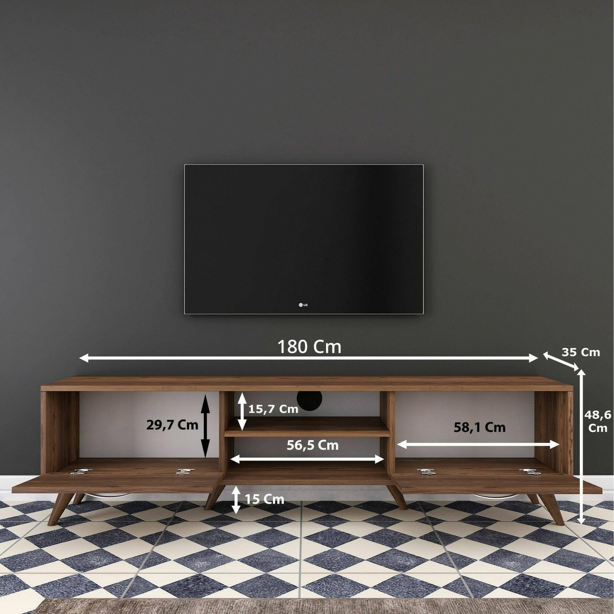 Dmora - Mobile porta TV Aldh, Credenza da soggiorno, Armadio basso per TV, Base parete attrezzata, 180x35h49 cm, Noce