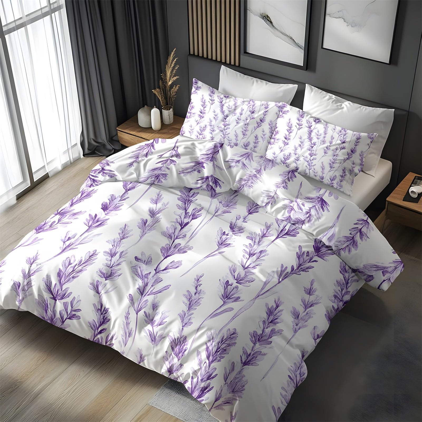 Ypthriline Double Bedding Set Lavender Bedding Set Microfiber Light Purple Duvet Covers with Pillowcases Reversible Bedding With Zipper Closure 200x200CM