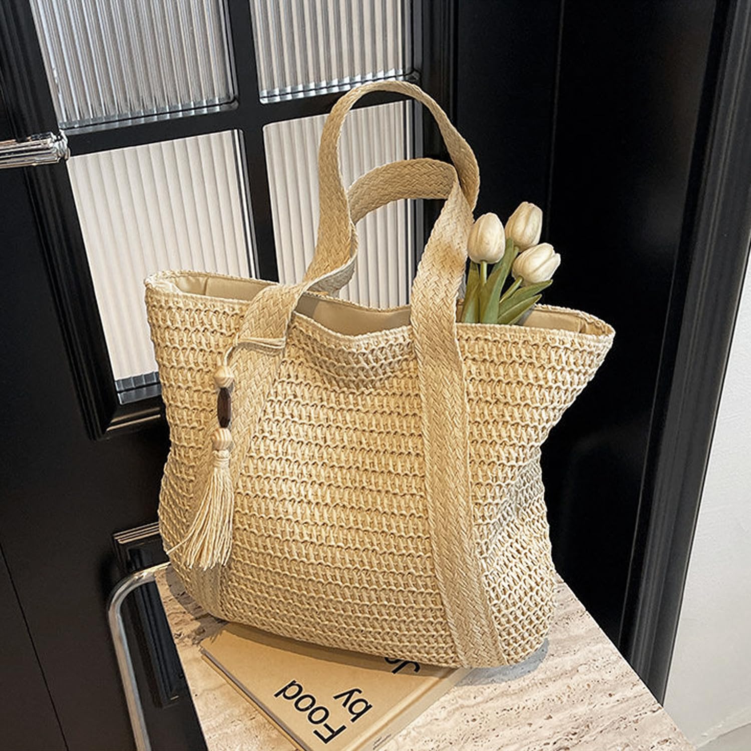 Borsa Donna a Spalla in Maglia - Borsa Mare Boho per Spiaggia, Vacanze e Shopping, Borse Tote Hobo Intrecciate, Borsa Paglia da Spiaggia