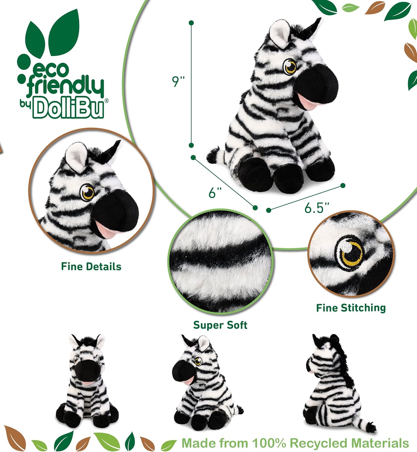 DolliBu Zebra Eco-Friendly Stuffed Animal – Soft Huggable Zebra, Adorable Playtime Zebra Plush Toy, Cute Safari Cuddle Gifts, Super Soft Plush Doll Animal Toy for Kids and Adults – 9 Inches