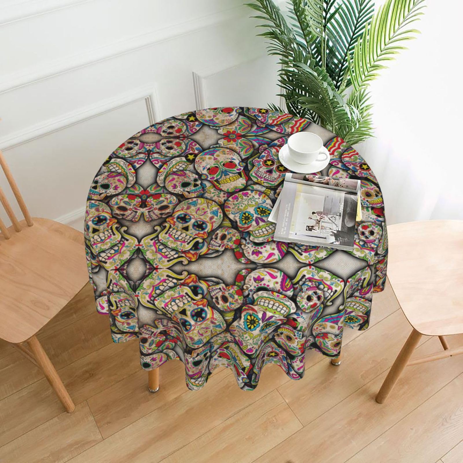 VCzsdff skull Print Stain Resistant Round Tablecloth 60in Family Friendly Polyester Cloth for Kids Meals