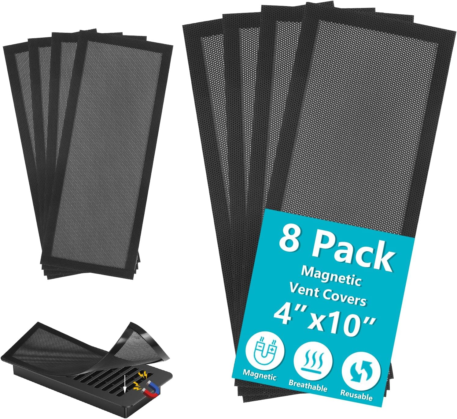 Magnetic Floor Vent Covers 4 x 10'' Air Vent Screen Cover Magnetic PVC Vent Mesh for Home Wall Ceiling Floor Catches Debris 8Pack