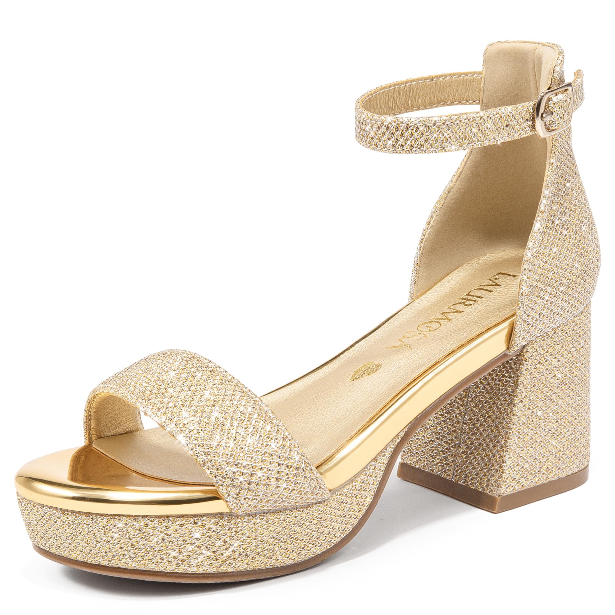 LAURMOSA High Heels for Kids Sandals Big Girls Dress Shoes Flower Girl Shoes for Wedding Party Pageant Round Open Toe Ankle Strap Dress Sandals Platform Heels Chunky Pumps for Little Big Kids 4 Big Kid Glittercham