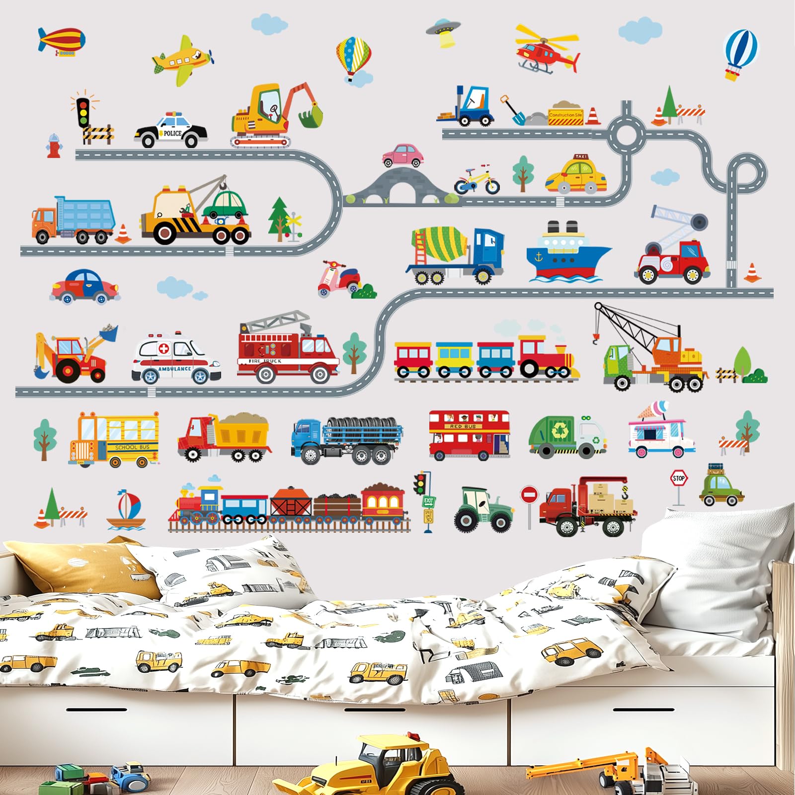 wondever Car Road Wall Stickers Transports Vehicles Truck Construction Peel and Stick Wall Art Decals for Boys Room Kids Bedroom Playroom - Image 3