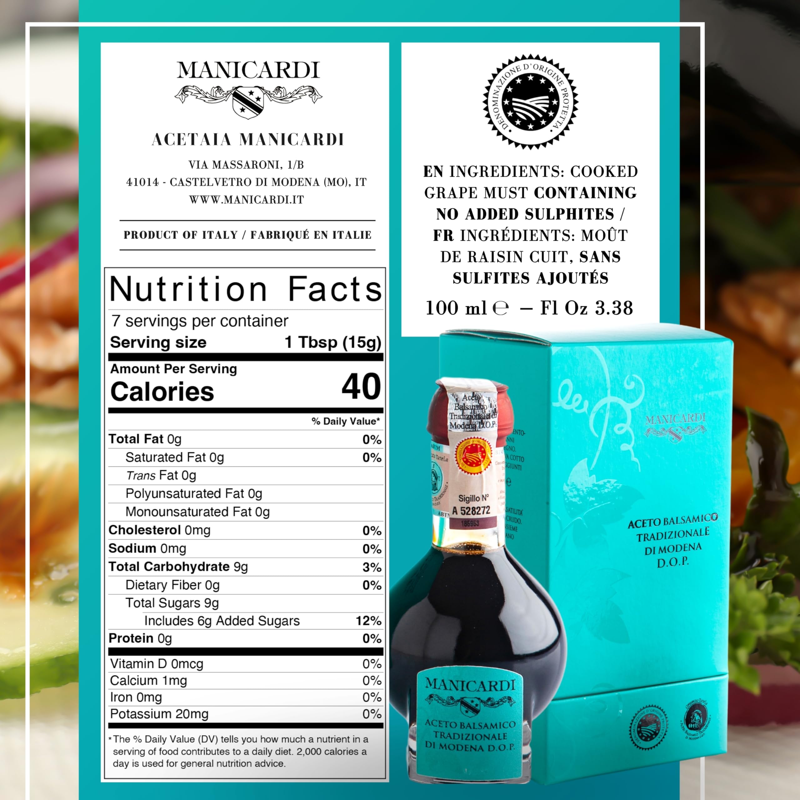 MANICARDI Tradycyjny Ocet Balsamiczny z Modeny DOP Affinato Dojrzewający 12 lat – Idealny do Przekąsek, Makaronów, Warzyw, Sosów do Sałatek i Mięsa – Wyprodukowany we Włoszech, 100 ml