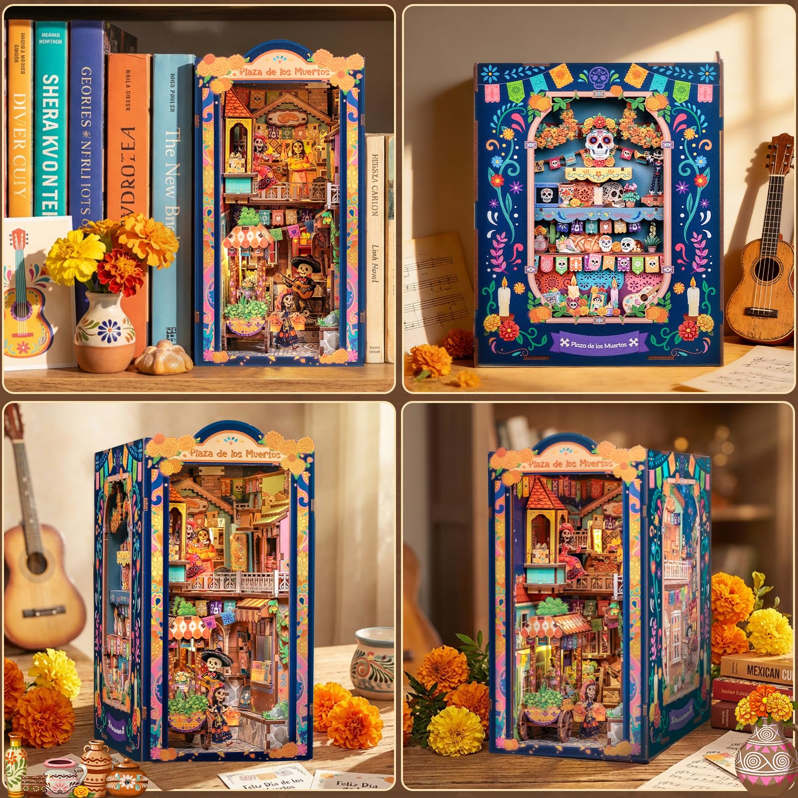 CUTEBEE Book Nook Kit - Casa de Muñecas DIY para Adultos, Maqueta en Miniatura para Montar, Rompecabezas 3D de Madera del Día de Muertos, Decoración para Estantería (Plaza de los Muertos)