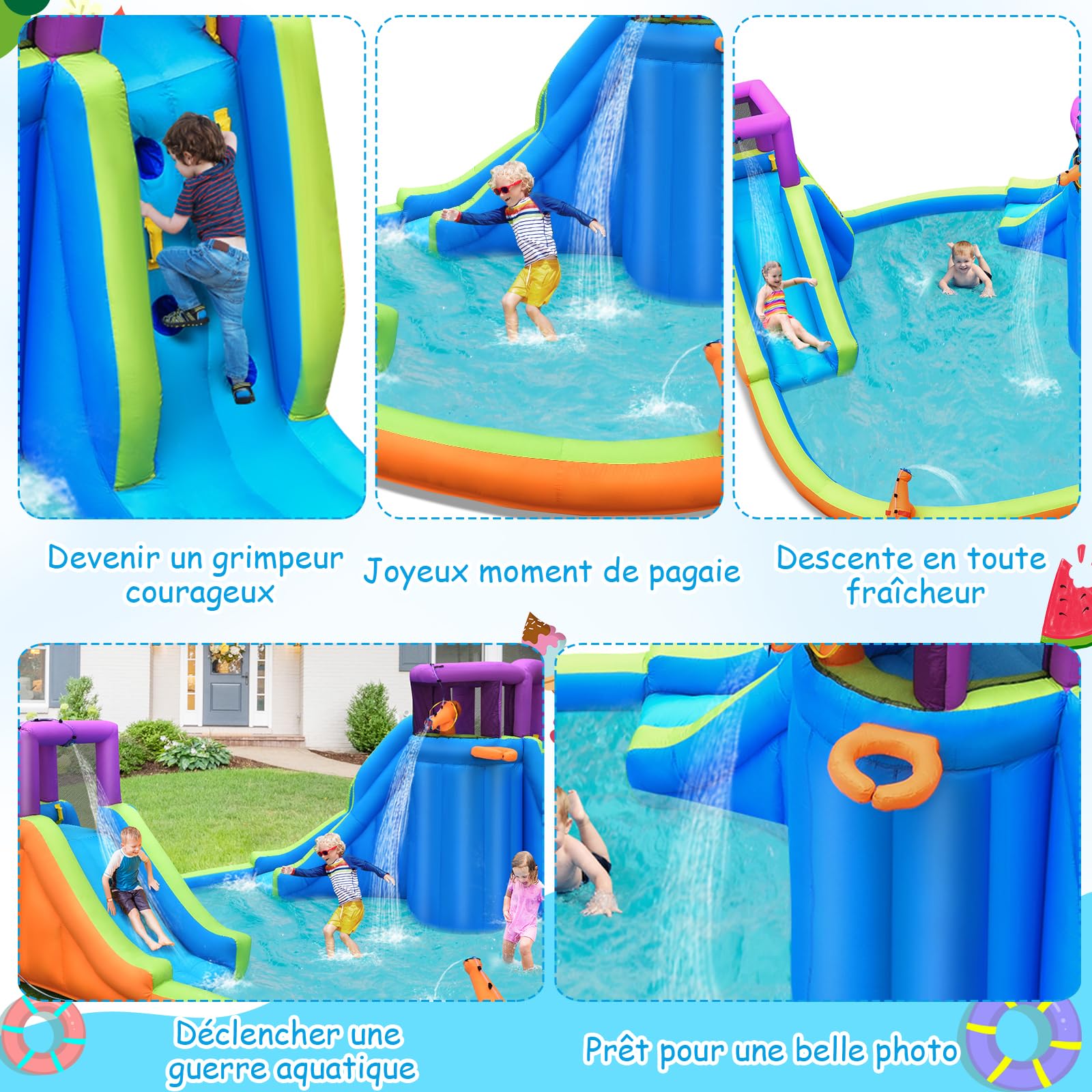 GOPLUS Château Gonflable Exterieur Enfant avec Double Toboggan, Pistolet à Eau, Mur d'escalade, Panier de Basket, Balle, avec Piscine d'Éclaboussures pour Enfants (Violet+ Gonfleur 950W)