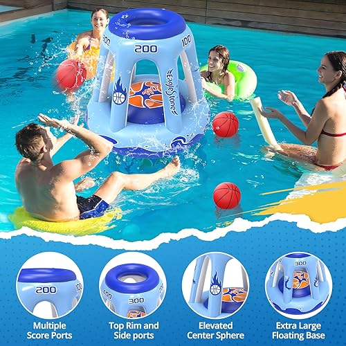 Miniatura 2 de EagleStone Aro inflable de baloncesto para niños y adultos, aro de baloncesto flotante de 47 pulgadas para piscina con 3 bolas, bomba, juego de agua