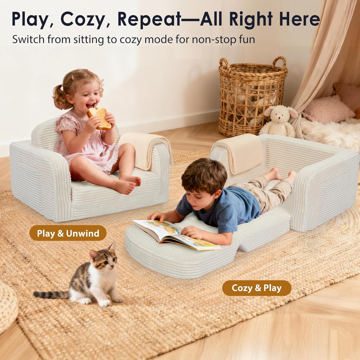 Foryoomi 2 in 1 Convertible Kids Couch - Corduroy Fold Out Kids Sofa Chair with Blanket, Comfy Comfortable Toddler Chair, Machine-Washable Cover, for Boys Girls, Medium Cream