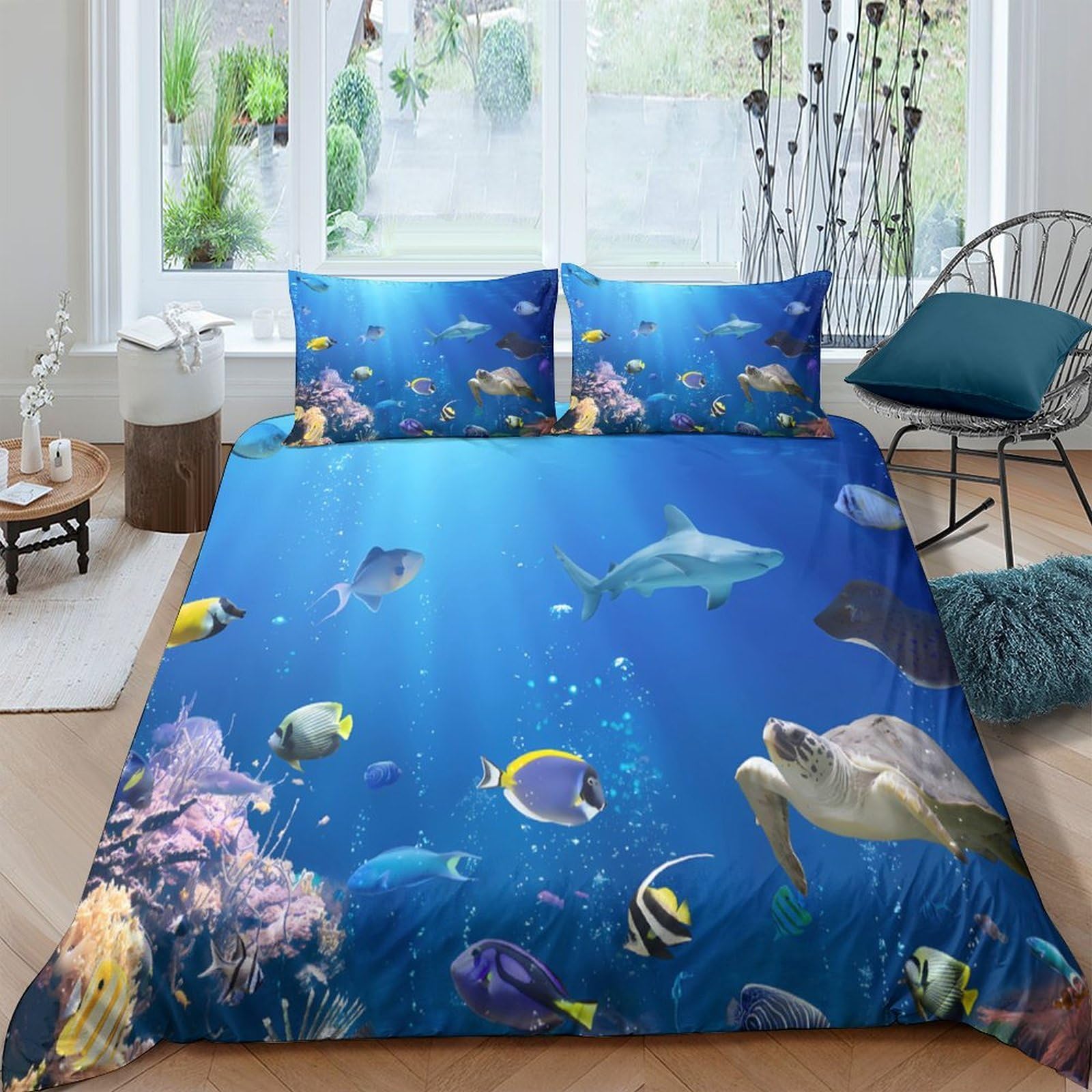 Ctjqhvkz Style-8 3D Printed Ocean Underwater World Fitted Sheet Microfiber Soft Blue Sea Turtle Fish Bed Cover For Bedroom Guest Room Mattress Protection Single（135X200cm）
