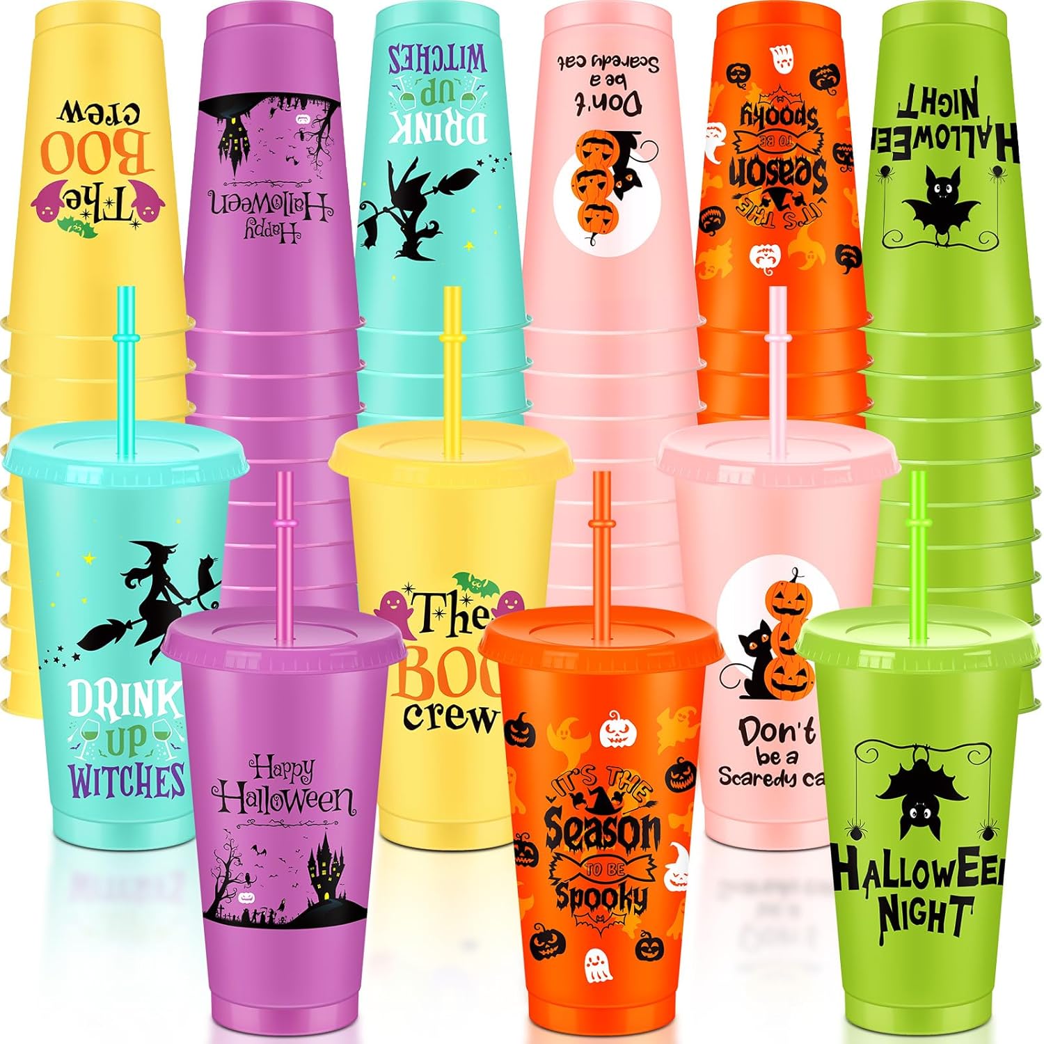 mifoci 36 pcs cute reusable halloween plastic cups bulk for party ring toss games prizes 24 oz halloween tumbler with lid and straw for prizes for fundraiser birthday party(pumpkin style,brigh color)
