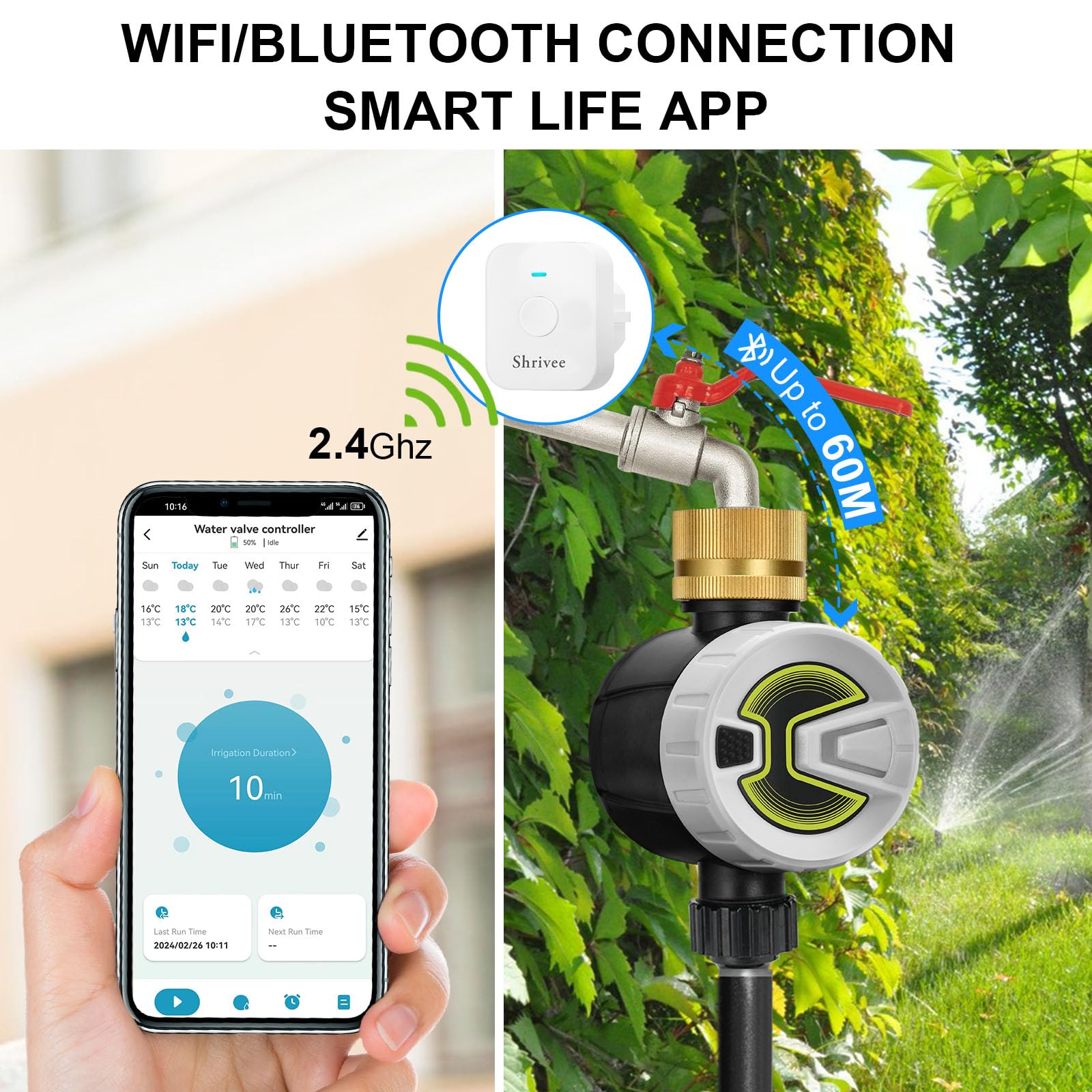 Computer di irrigazione WiFi con ingresso acqua in ottone, controllo app tramite WiFi 2,4 GHz e Bluetooth, ritardo delle precipitazioni, computer di irrigazione manuale/automatico, E0102B+009
