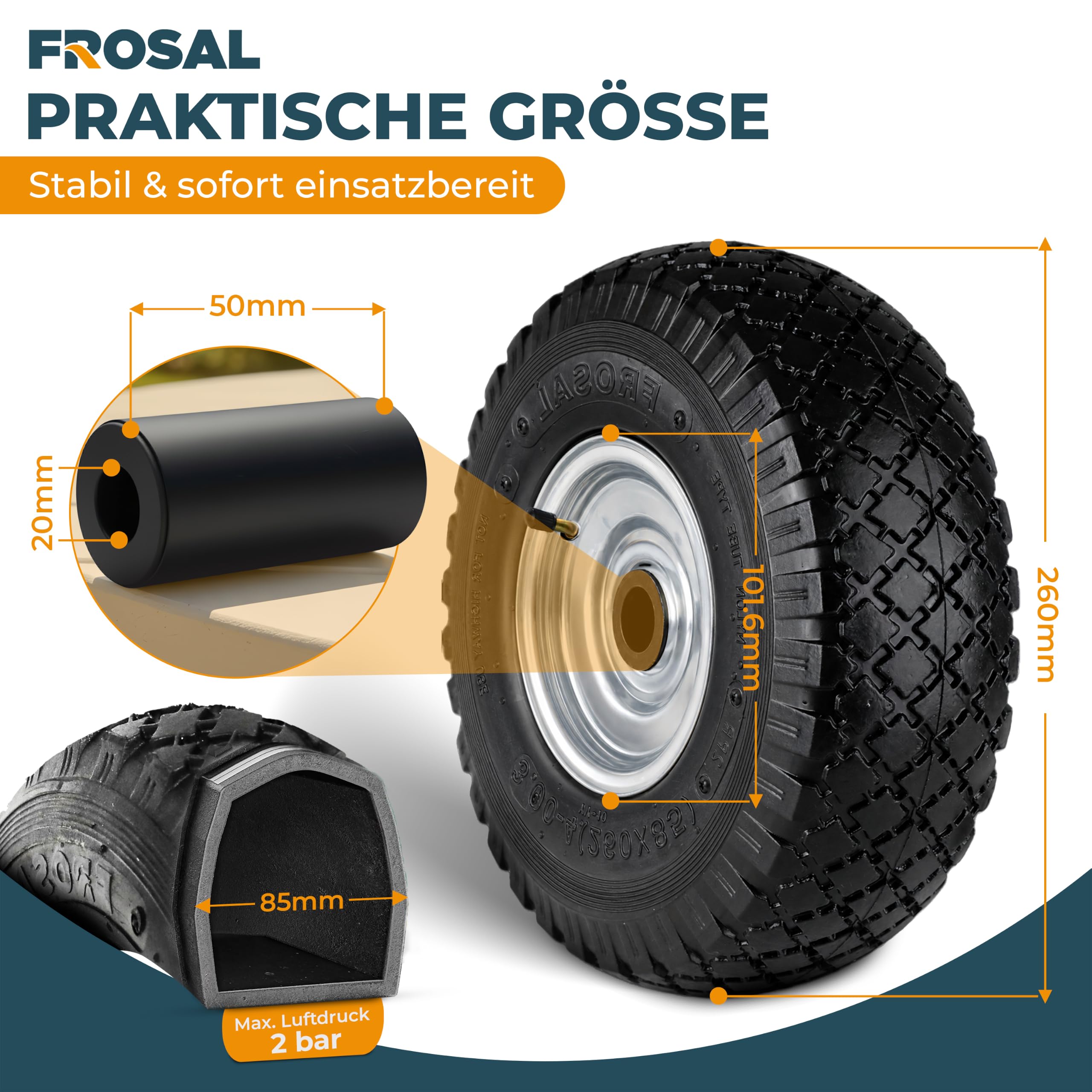 FROSAL 4x Luftrad 3.00-4 260x85 Stahlfelge 20 mm / 50 mm