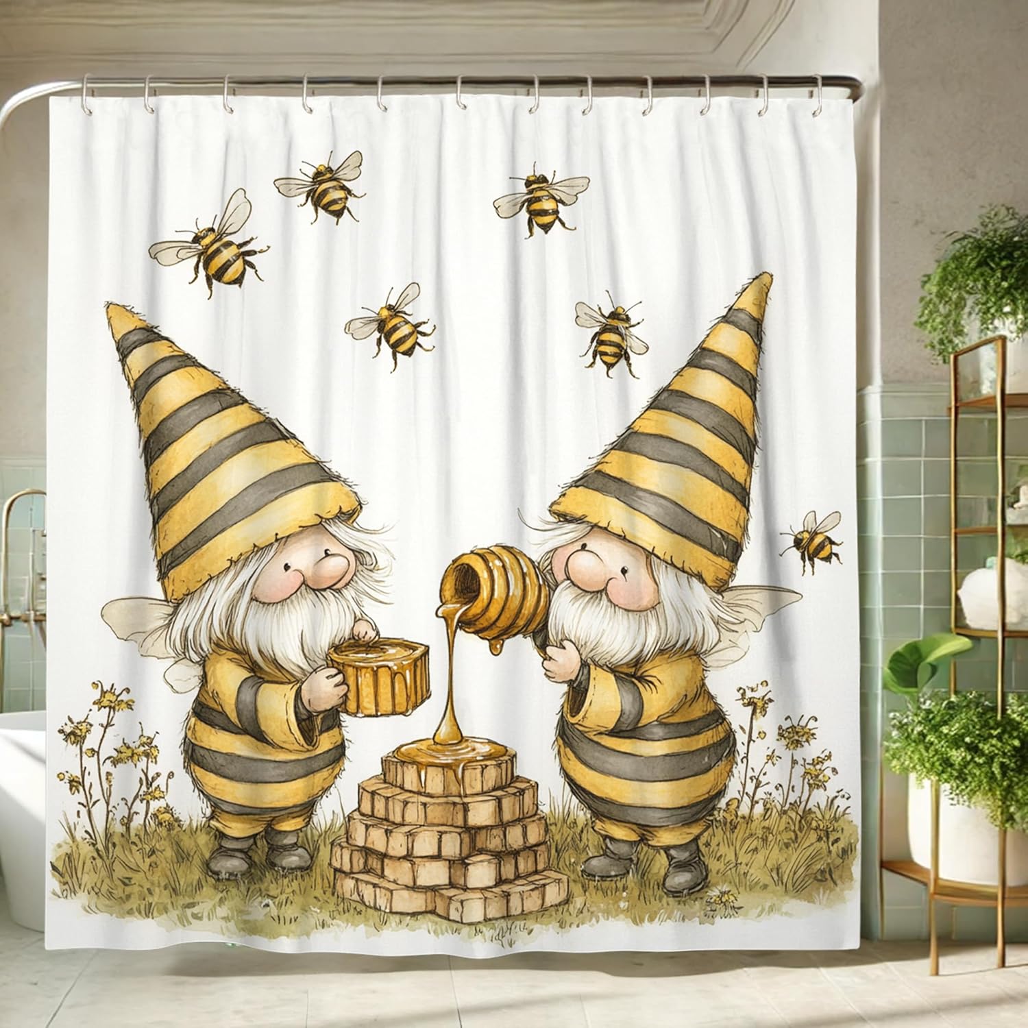 Bee and Gnome Shower Curtain, Yellow Brown Honey Bee Bathroom Decor for Spring Summer, Cute Cartoon Style Fabric Shower Curtain with Hooks for Kids Bathroom 72x78 Inch
