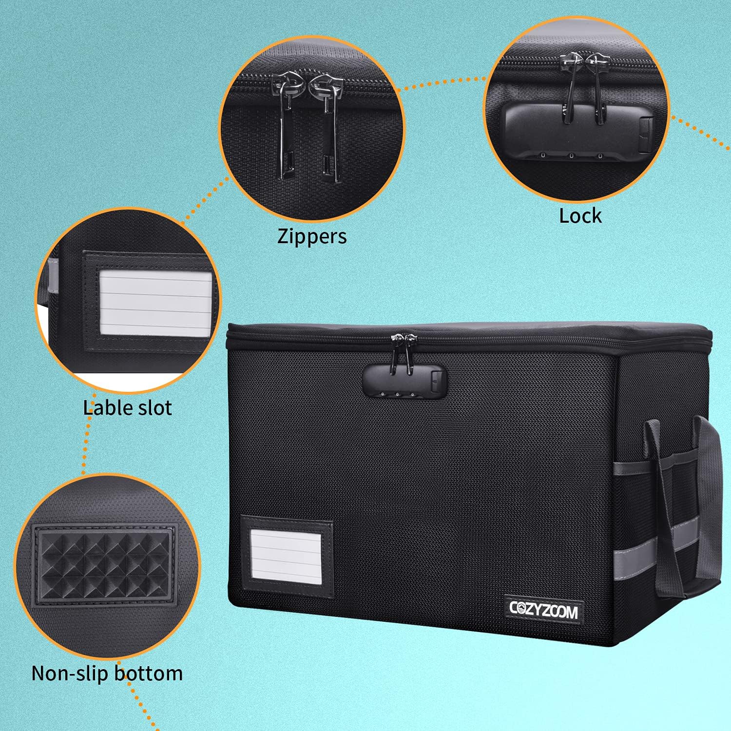 COZYZOOM File Box with Lock, Fireproof Document Organizer Box, Collapsible Storage Filing Box with Zippers Office Home Safe File Box for Hanging Letter/Legal Folders (Black)