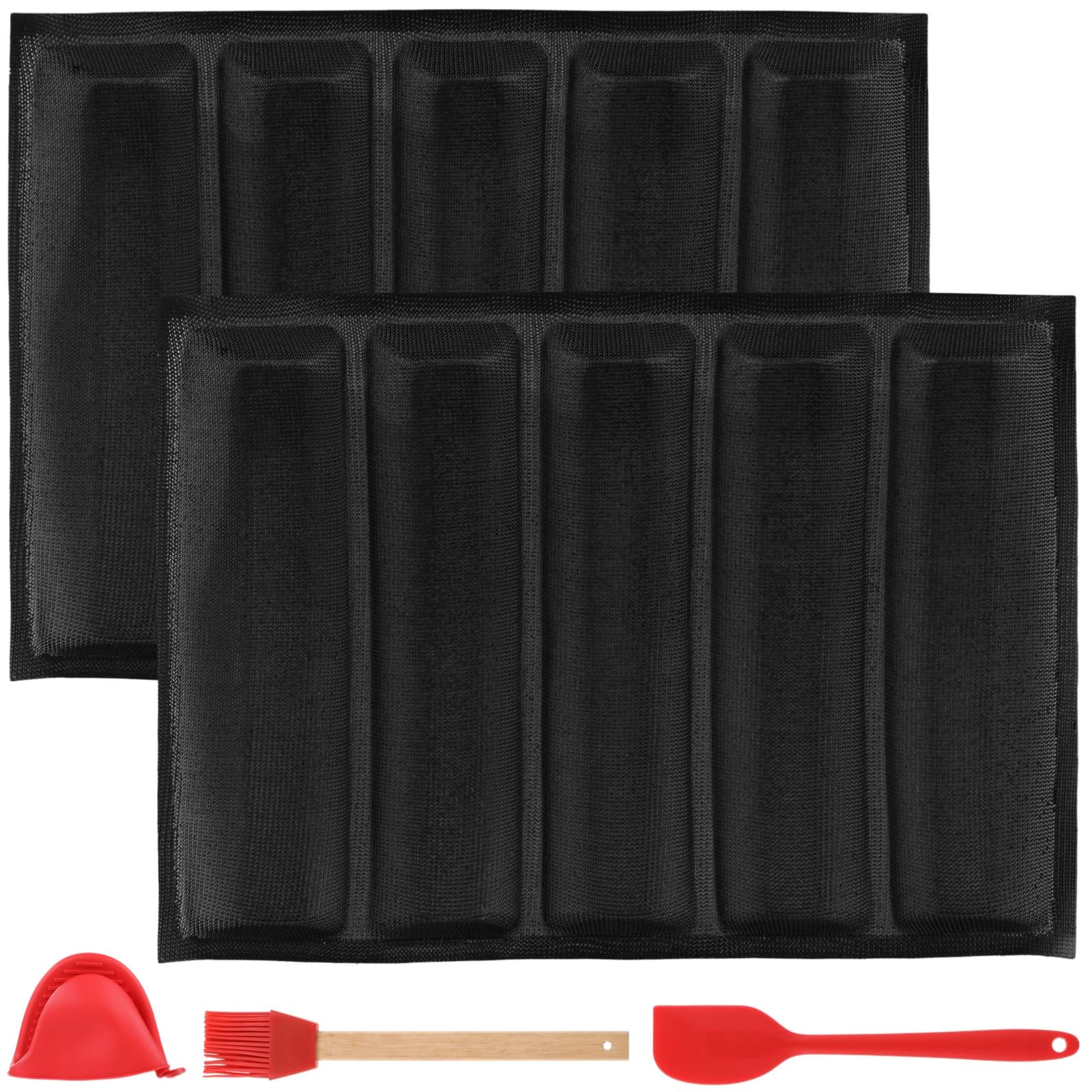 Generisch 2 Stk. 5-Fach Baguette-Backform, Fiberglas-Silikon-Backformen mit Silikonspatel, Pinsel und Hitzeschutz-Clip, belüftete Form für französisches Brot und Hotdog-Brötchen