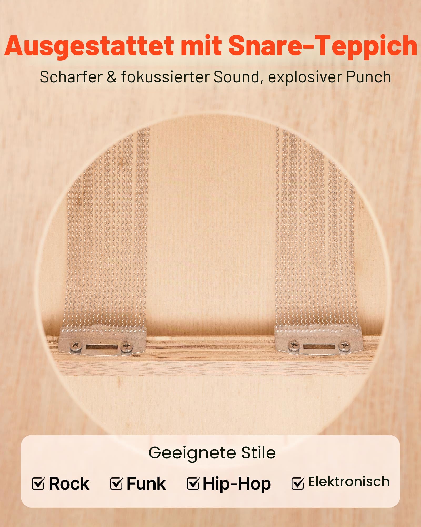VEVOR Cajon, Kistentrommel, mit internen Snare-Drähten, kompakte & leichte Drum-Box aus Holz, Trommel-Musikinstrument mit Silikonfüßen, abgerundeten Kanten, für Anfänger & Profis, 255x255x380 mm