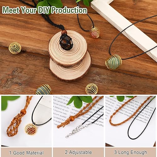 Miniatura 4 de NOVWANG 20 soportes para collar de cristal, 2 piezas ajustables tejidas a mano con piedra de cuarzo con red, 8 jaulas de cuentas en espiral doradas