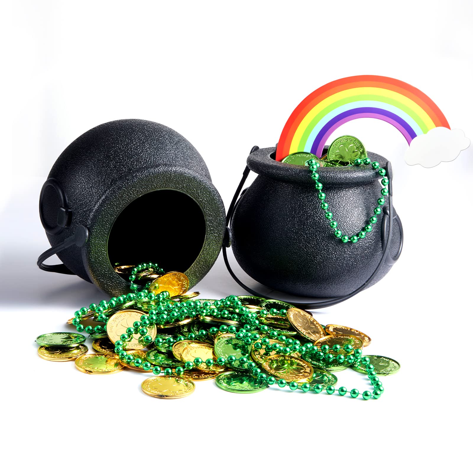 Photo 1 of *Unknown if missing pieces* 112 Pcs St. Patrick's Day Decorations Set, Black Mini Pot of Gold Buckets, Green and Gold Lucky Shamrock Plastic Coins Bead Necklace, Rainbows