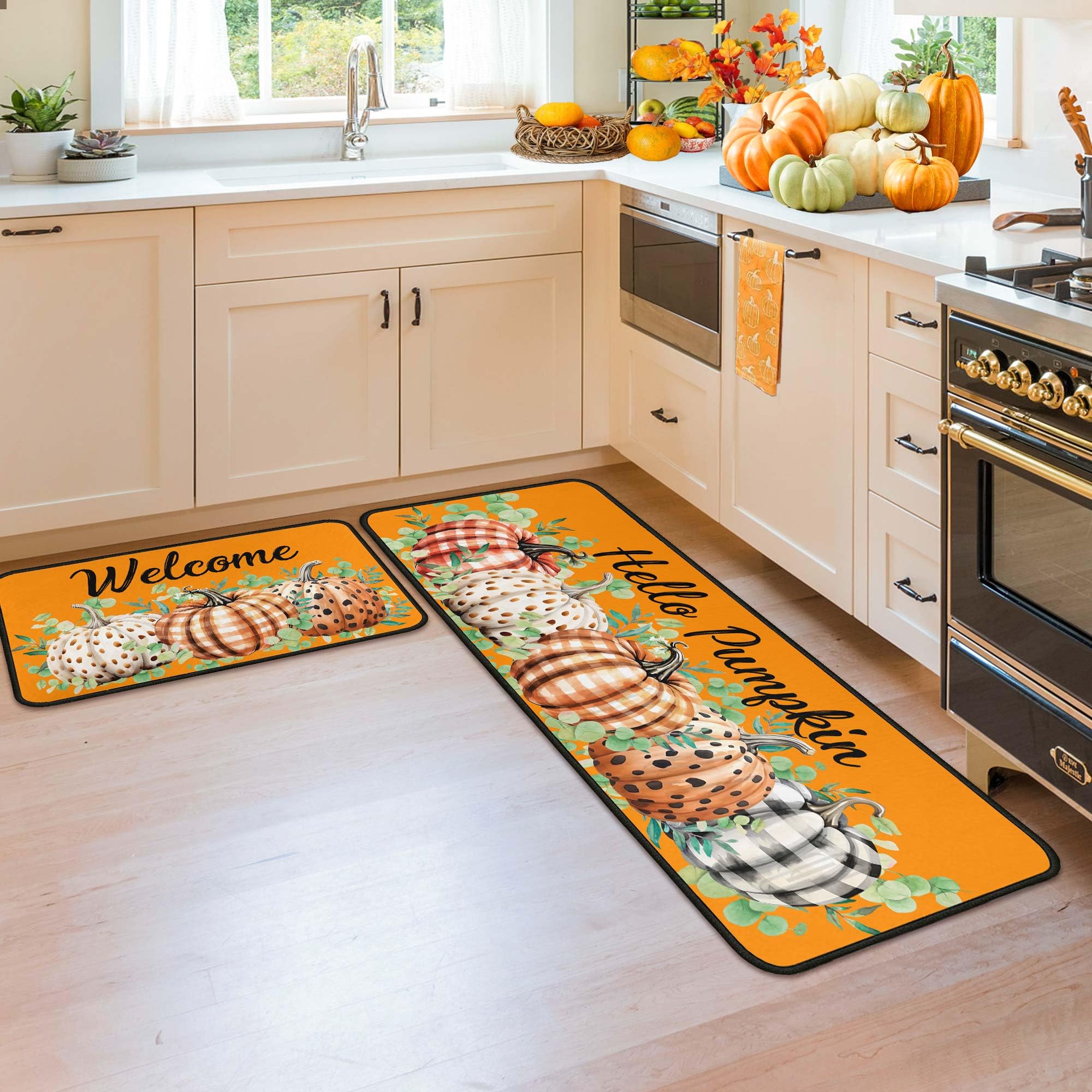 Fall Kitchen Rugs and Mats for Floor, Fall Decorations for Home, 2 Pcs Non-Slip Backing Pumpkin Mat, Autumn Decor Thanksgiving Kitchen Rug Sets with Runner (Fall 04, 17"x47.2"+17"x30")