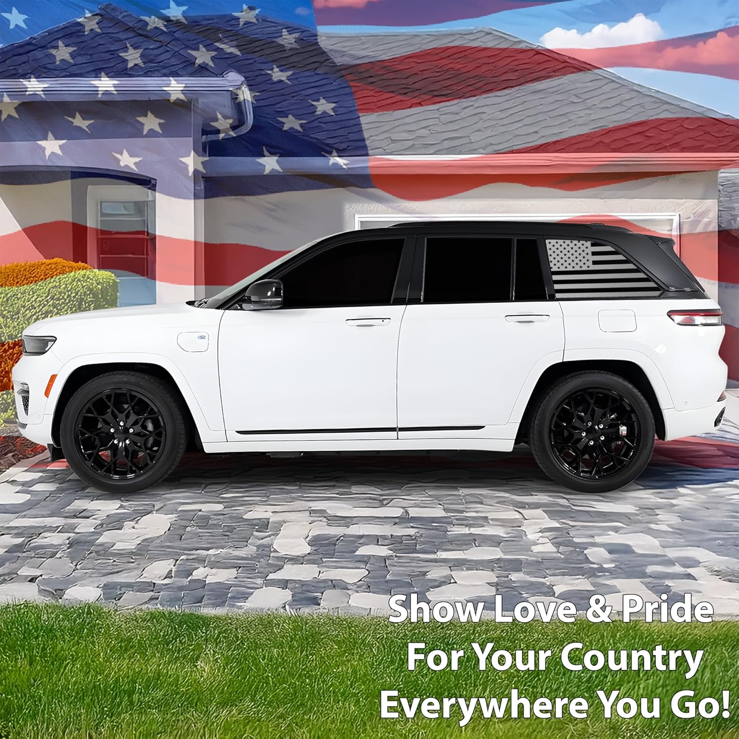 Bogar Tech Designs Precut Quarter Window American Flag Vinyl Decal Sticker Compatible with Jeep Grand Cherokee 2022-2025, Matte Black