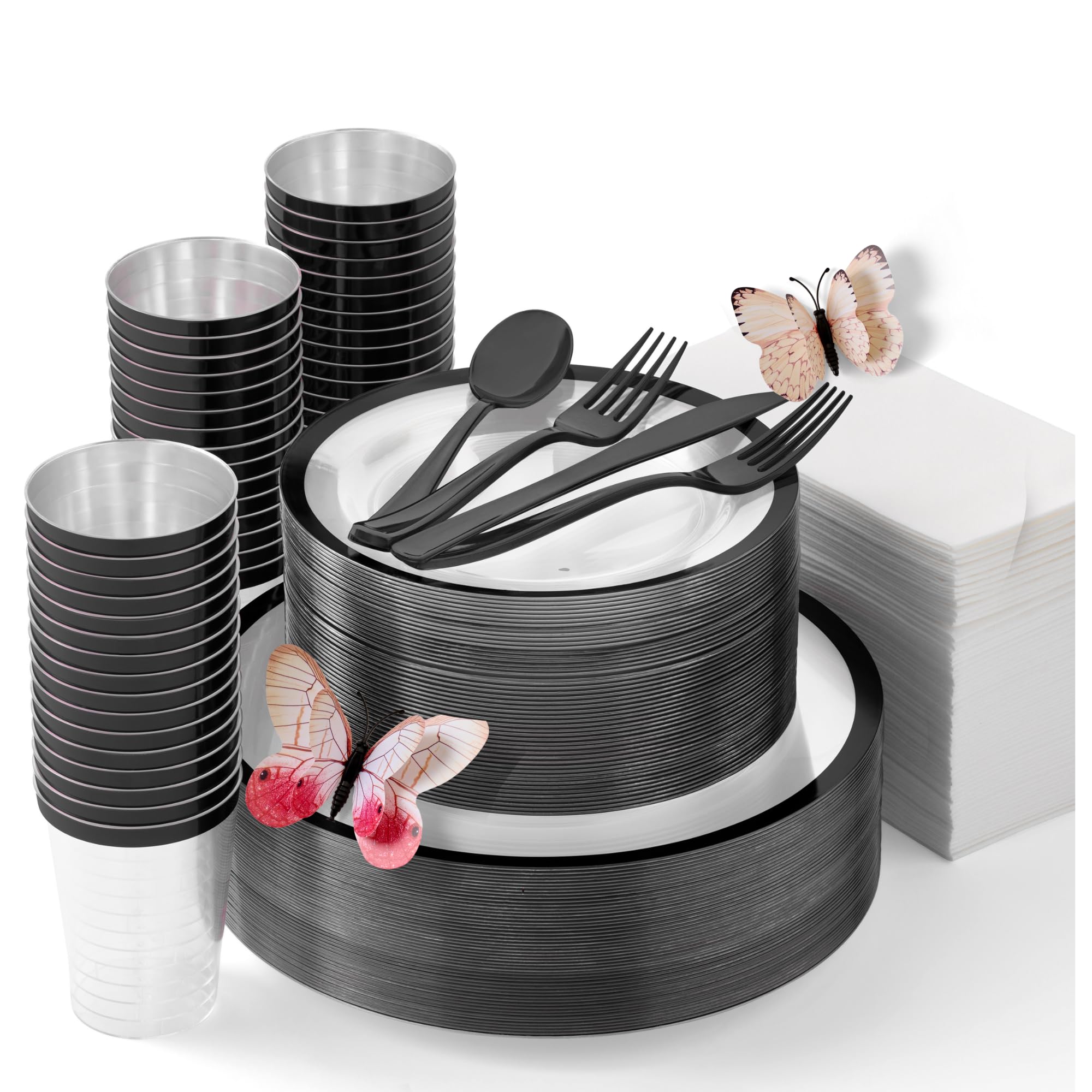 By MadeeHEAVYWEIGHT 400 Pcs Clear and Black Plastic Plates for Party 50 Guests | High End Disposable Plates, Silverware, Napkins & Cups | Fancy Disposable Dinnerware Set | Gift of 3D Butterflies