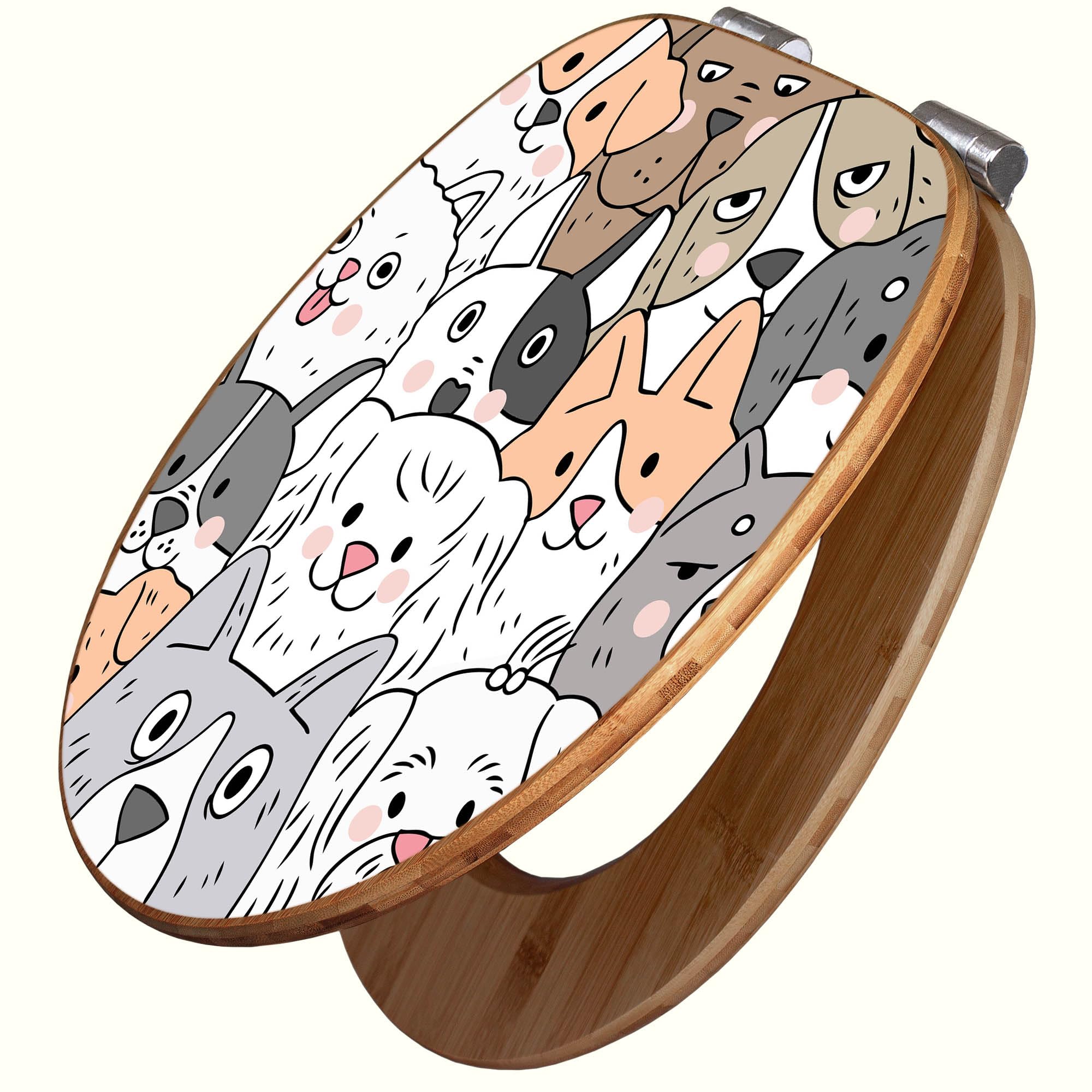 banjado Design WC Sitz Bambus Absenkautomatik 45,8x37,5cm - Toilettendeckel mit Absenkautomatik Holz - hochwertiger Bambus Klodeckel - WC-Sitz für gängigen Toiletten - Motiv Hunde Gruppe neugierig