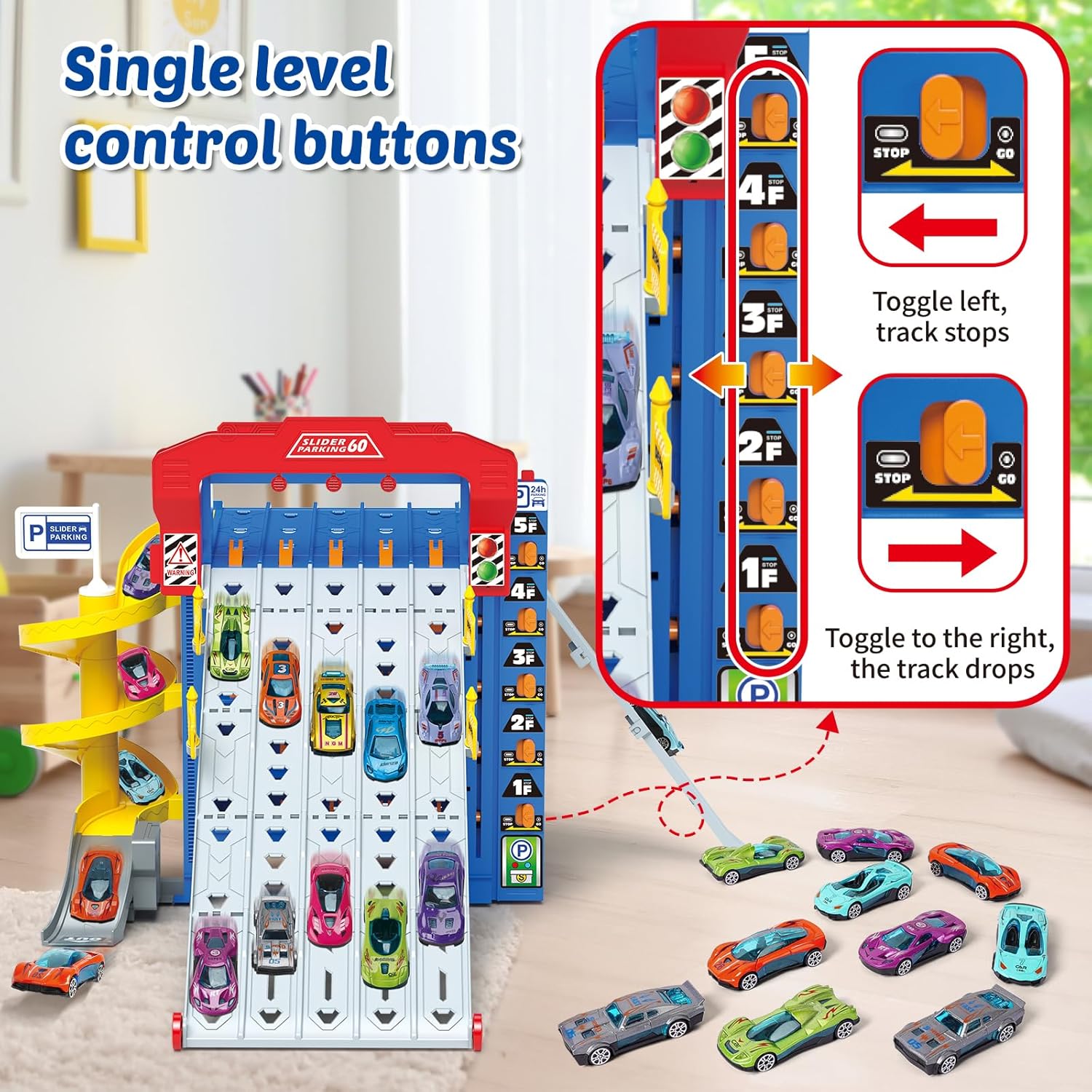 VATOS Sliding Track Truck Car, Parking Toy Storage Track Car Toy with 10 Cars for Boys Ages 3 4 5 6 7 8, Birthday School Year Gift Car Set for Boys Girls Toddlers 3-5
