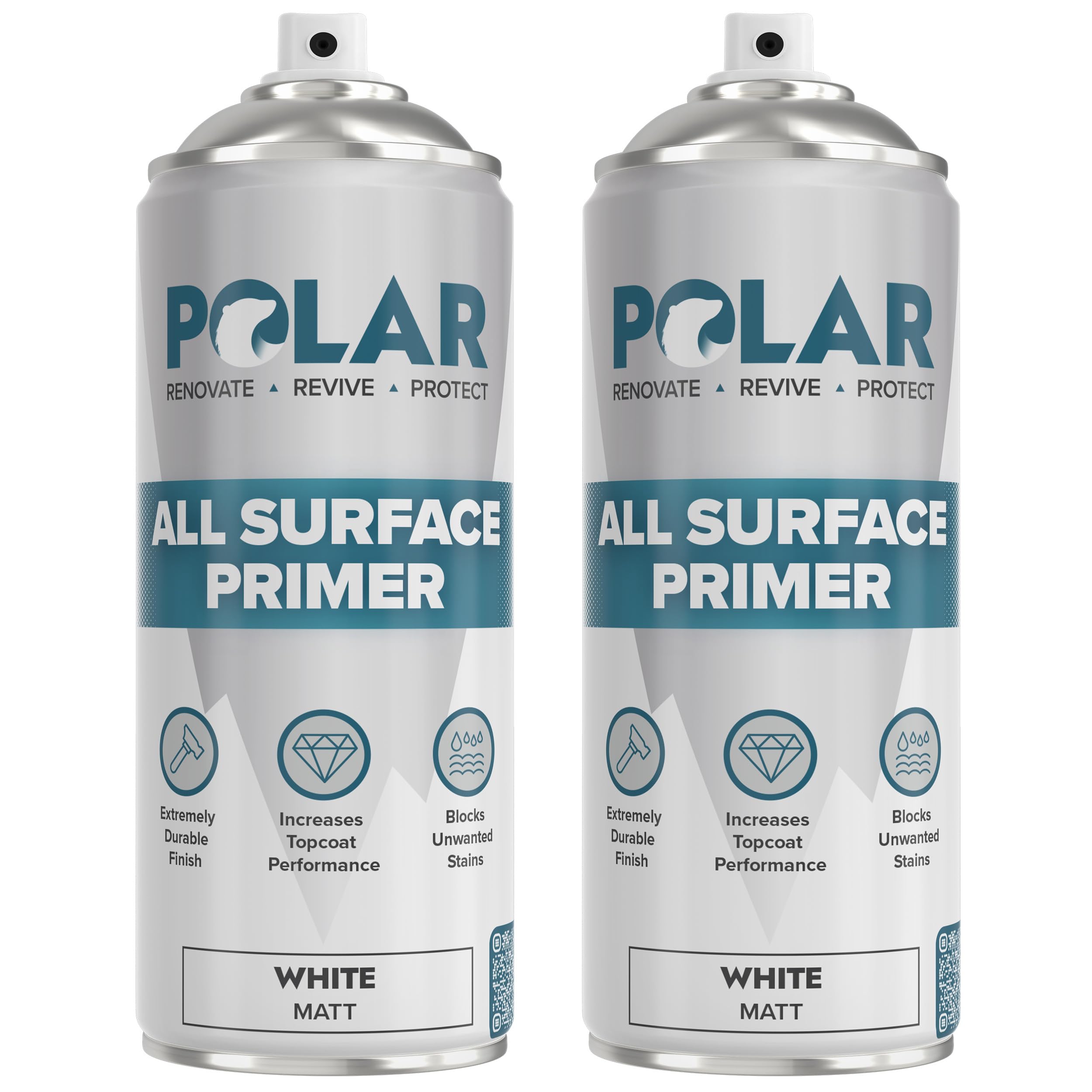 Polar Matt White Primer Spray Paint- 2 x 400ml | High-Build Filler Primer Paint for Wood, Metal, Plastic, Ceramics, Tiles & Painted Surfaces | Spray Primer for Long Lasting Protection & Quick Drying