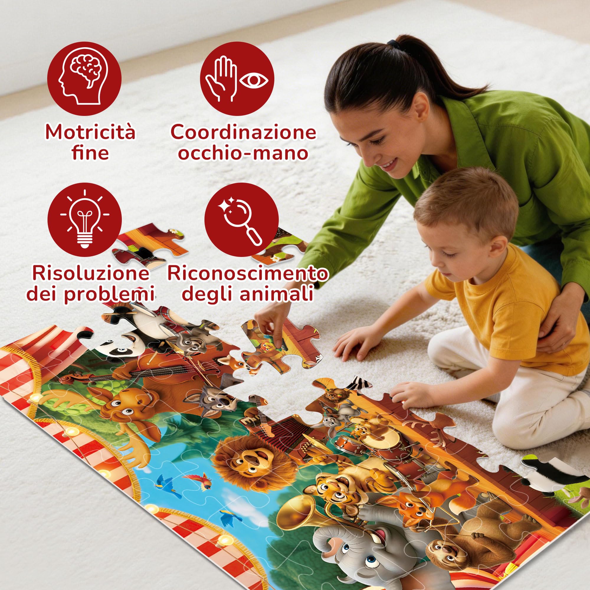 BenBen Grande puzzle da pavimento a partire dai 3 4 anni, puzzle XXL per bambini, 48 pezzi, 90 x 60 cm, regalo per ragazzi e ragazze, concerti di animali