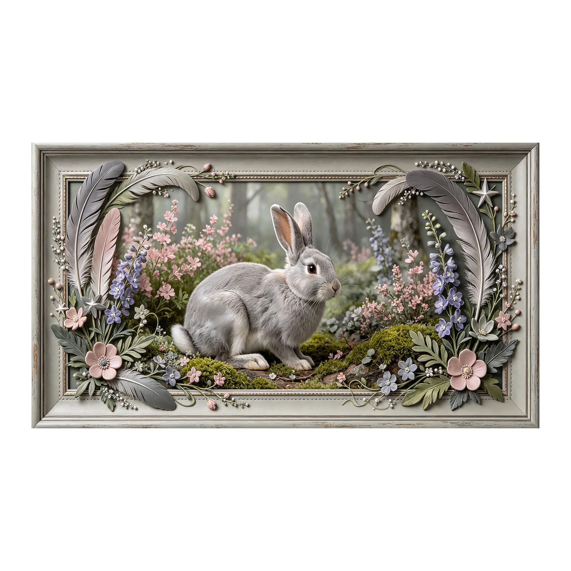 Yzpallescene 3D 3D Framed Wall Art 50cm×90cm Spring Forest Rabbit Botanical Pastoral Large Size SelfAdhesive Removable Wall Decor Prints Artwork for Living Room Bedroom Office