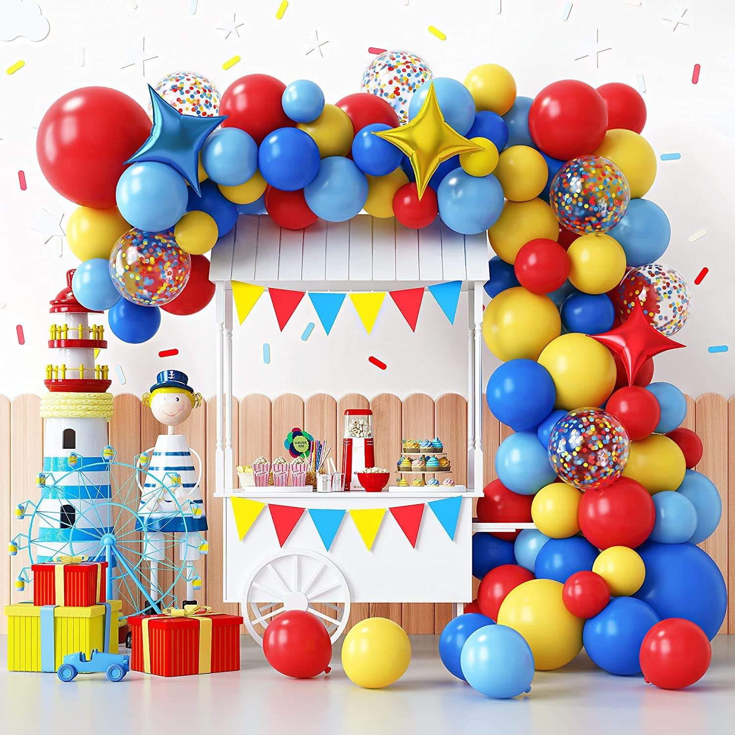 Red Blue Yellow Rainbow Arch Kit Balloon Garland - Circus Theme Primary Colour Balloons with Confetti & Star Foil Balloons for Birthday, Baby Shower, Wedding Party Decorations
