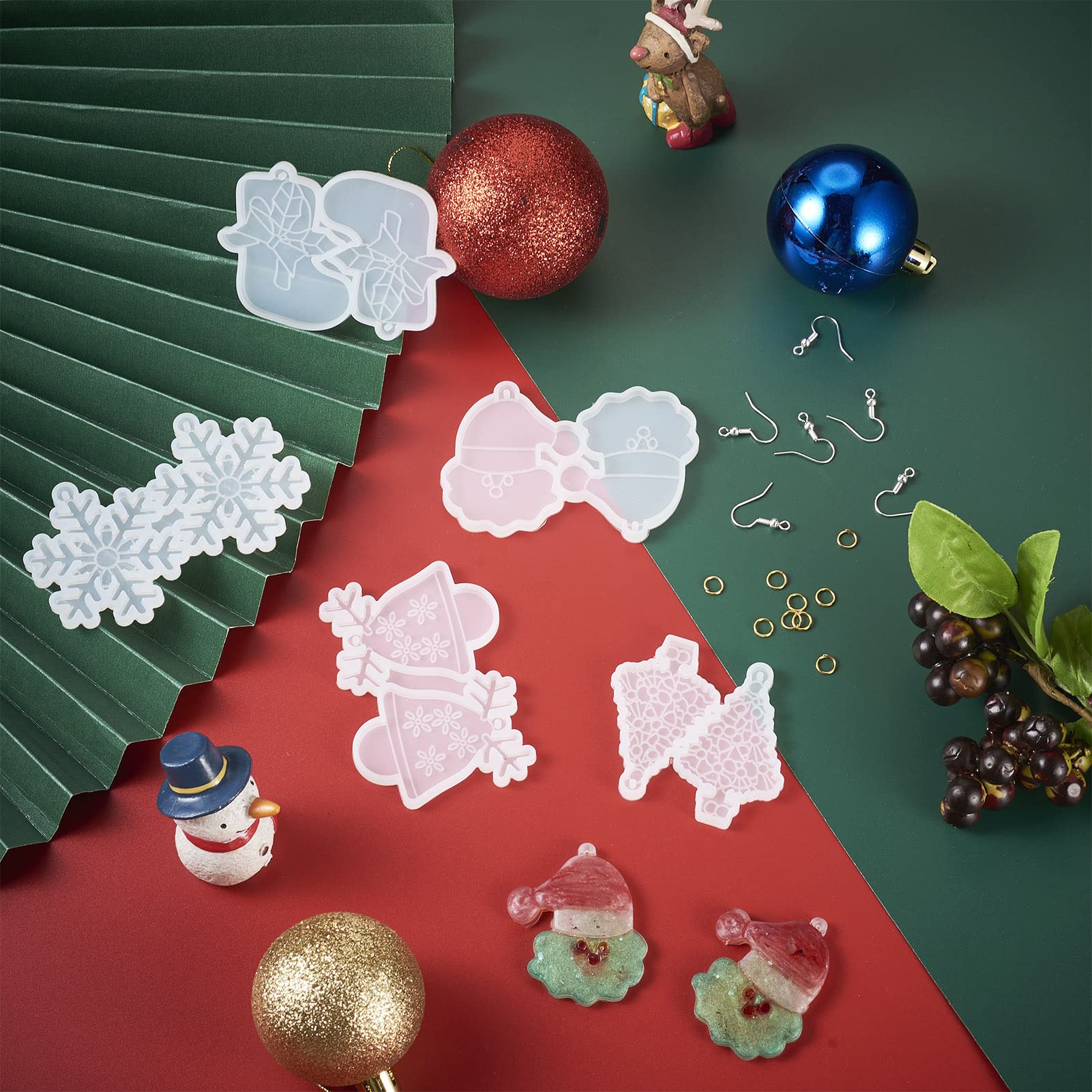 Boutigem 5pcs Christmas Theme Silicone Mold Snowflake Bell Santa Claus Resin Mould with French Earring Hook Ear Nut for Dangle Earring Women Jewelry DIY Making - Image 4