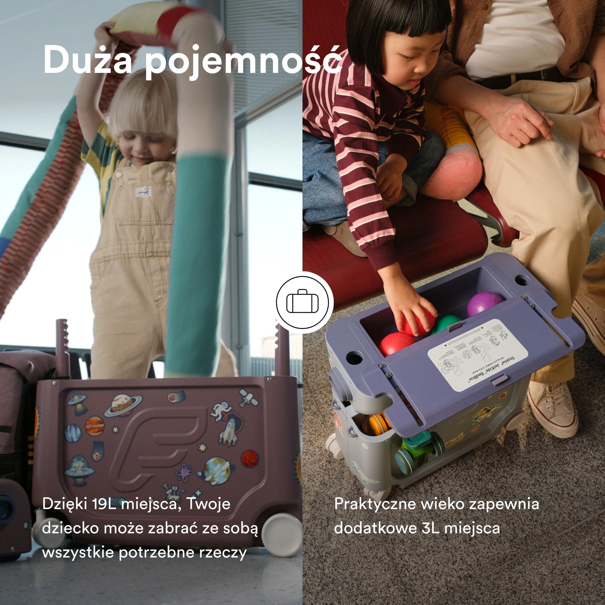 Stokke JetKids BedBox, Arctic Blue - Walizka jeżdżąca dla dzieci w wieku 2-7 Lat (do 35 kg) - Zamienia się w łóżko - Zawiera materac, naklejki dekoracyjne i regulowany pasek do przenoszenia