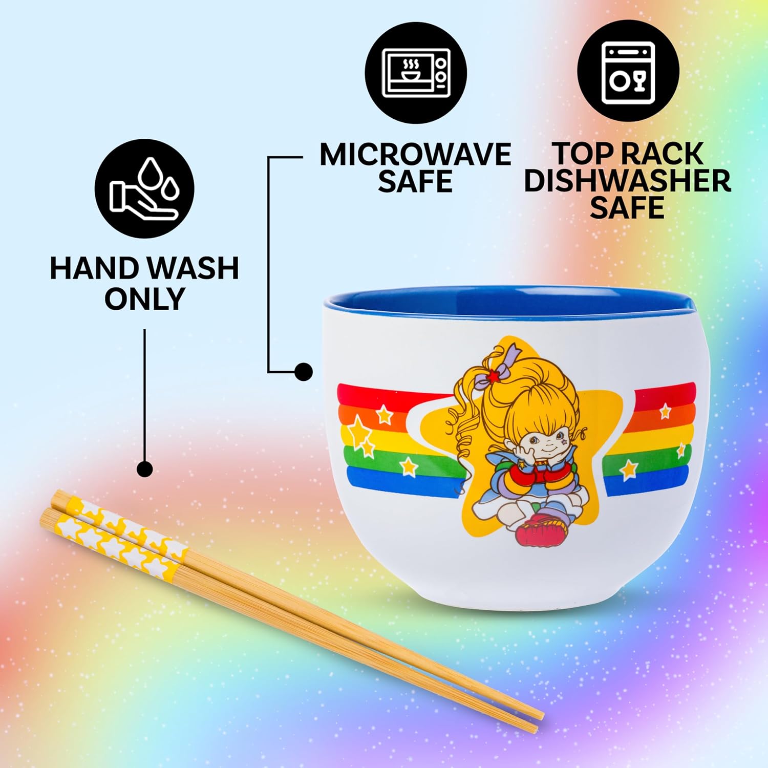 Silver Buffalo Rainbow Brite, Ramen Bowl with Chopsticks, 20oz
