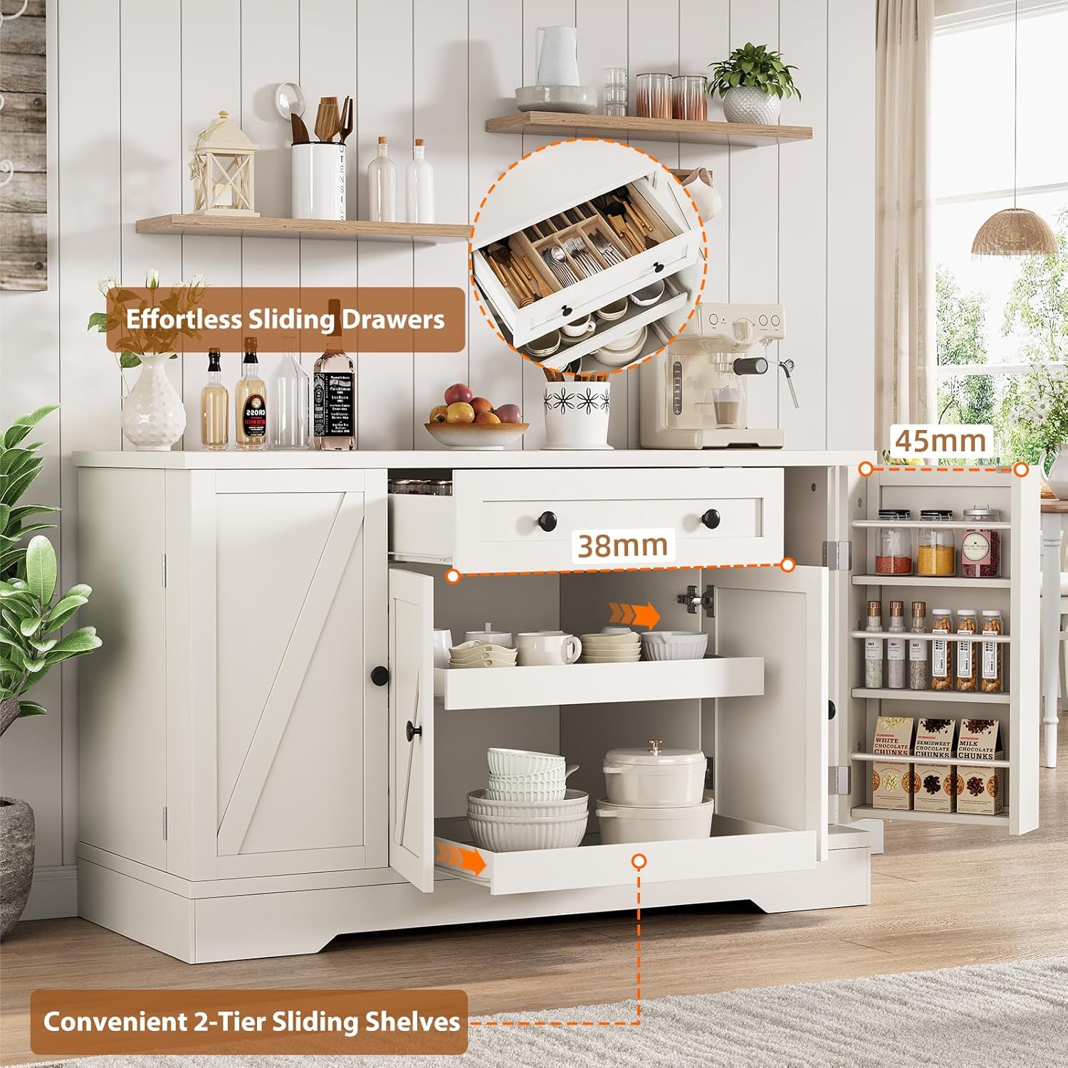 Diagram illustrating the smooth-glide drawer and the two-tier sliding shelves of the Jocoevol Buffet Cabinet, with measurements and arrows indicating movement.